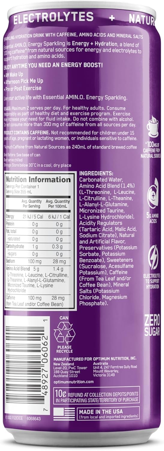 OPTIMUM NUTRITION Amino Energy + Electrolytes Sparkling Hydration Drink, Grape Flavour, 355ml, 12 Pack
