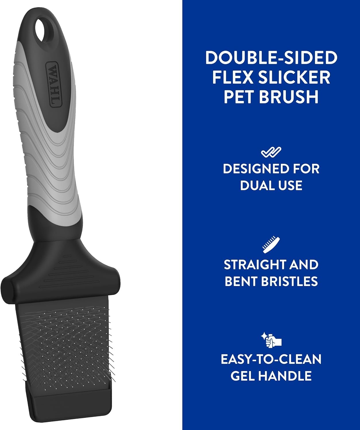 WAHL Professional Animal Double-Sided Flex Slicker Brush for Dogs & Cats (#858478) - Durable Pin Brush for Long-Haired Breeds like Bichon Frises & Collies - Ergonomic Black & Gray Grooming Tool