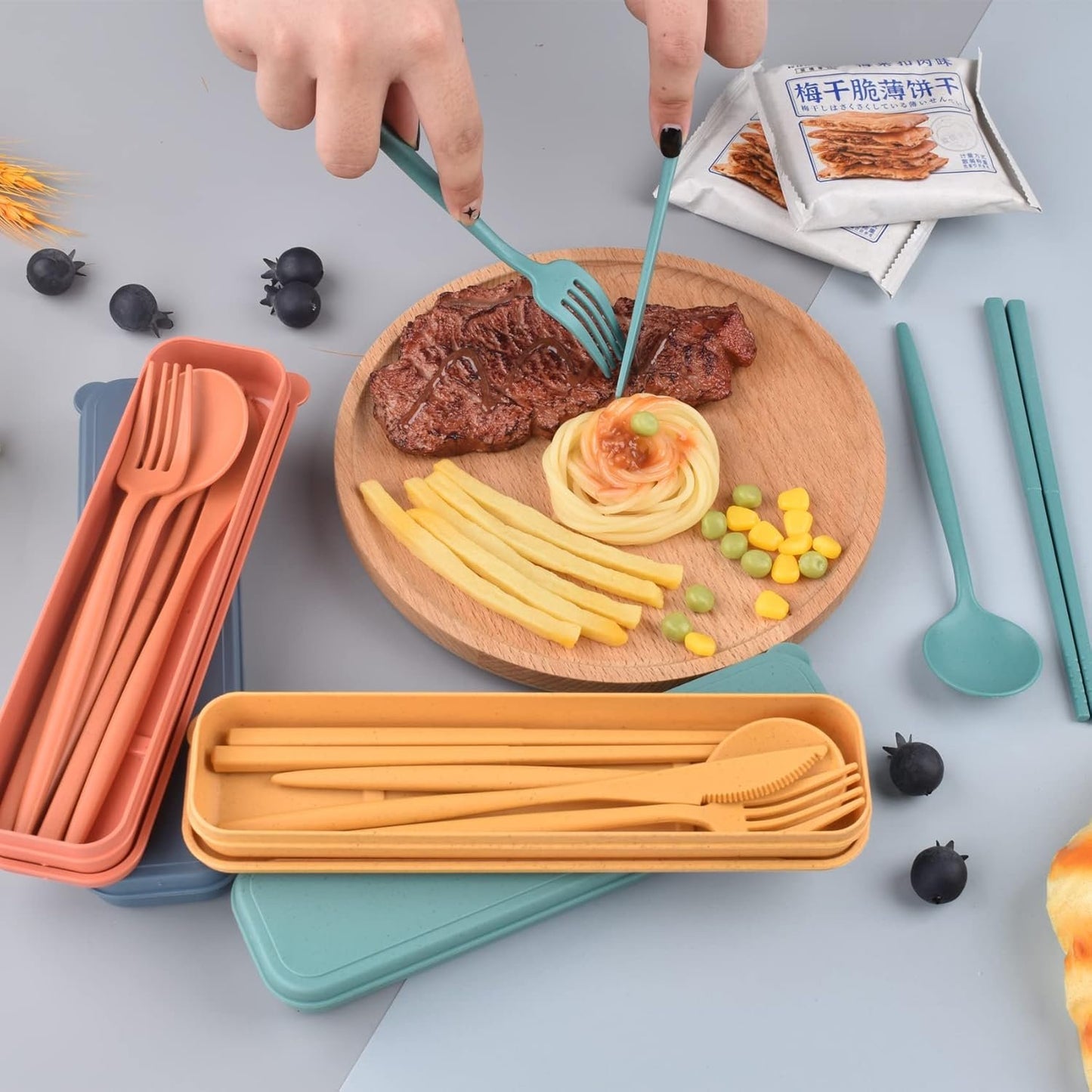 Travel Cutlery Set with Case, Plastic Cutlery Set, Reusable Utensils Set with Case, Portable Camping Cutlery Set for Lunch Box School Office Picnic Travel or Daily Use (4 Colors)