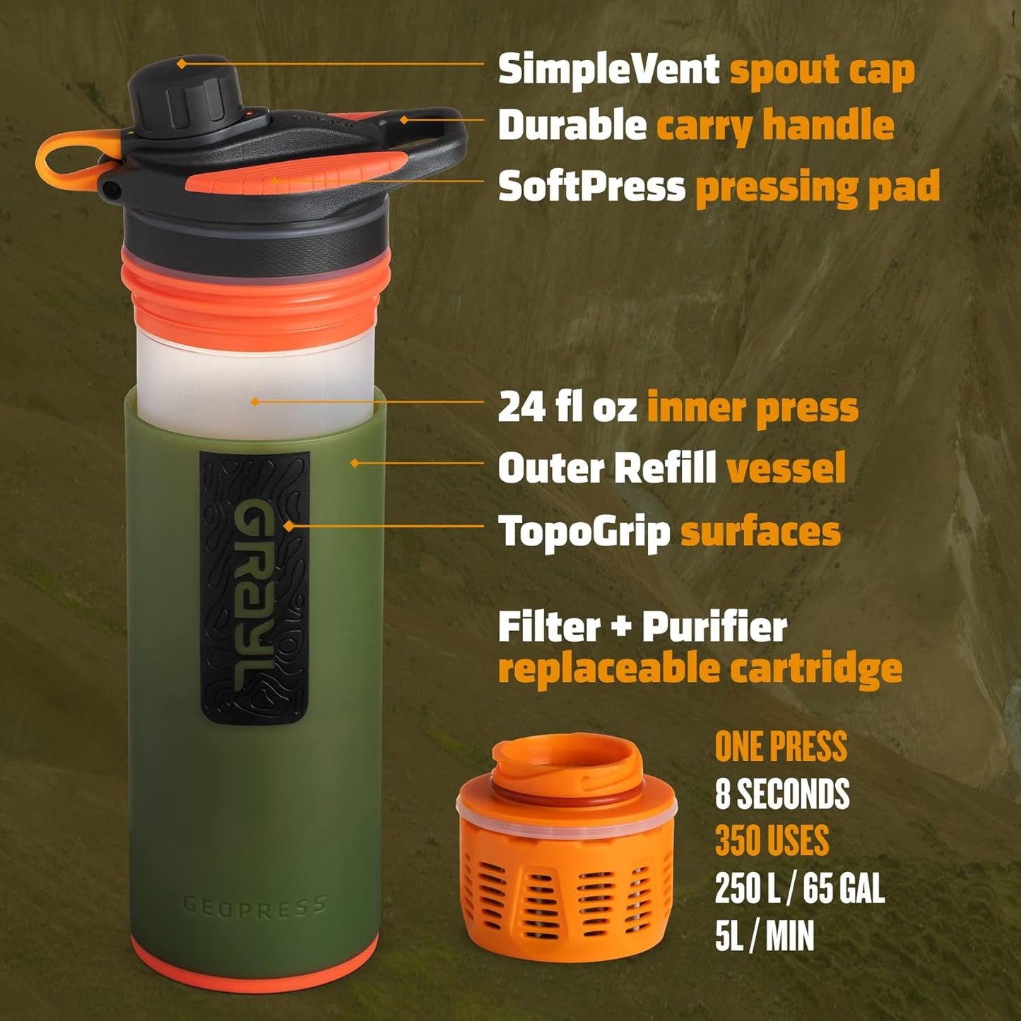 GRAYL GeoPress 24 oz Water Purifier Bottle - Filter for Hiking, Camping, Survival, Travel (Oasis Green)