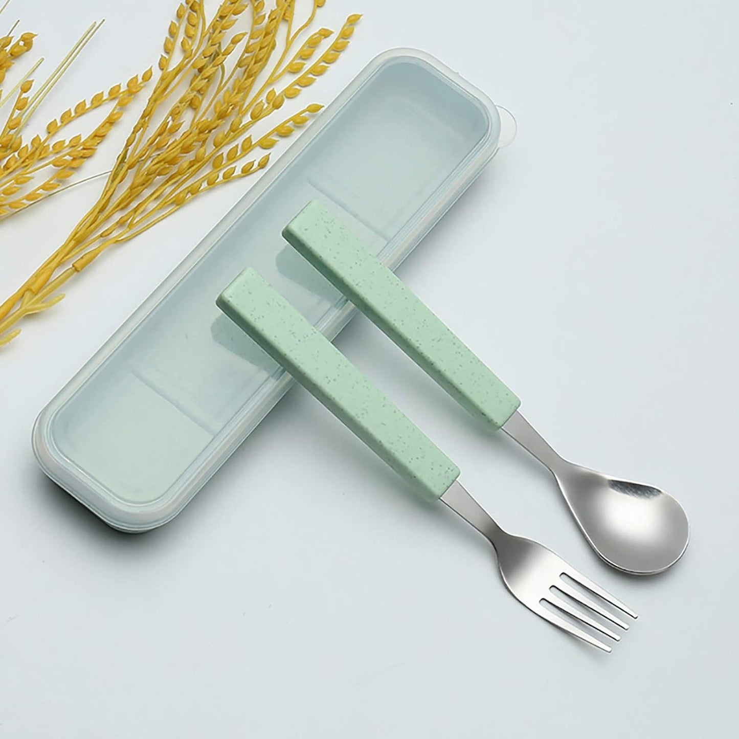 VANRA 2-Piece Children Flatware Set 18/10 Stainless Steel Child Tableware Set Silver Cutlery Set Silverware Dinner Utensils Spoon Fork Set with Travel Case for Kids Toddlers (Chrome Finished) (Green)