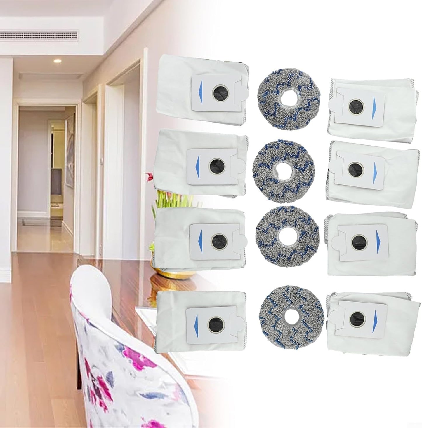 T20/X1 Cleaning Essentials 8 Dust Bags and 4 Mop Pads Designed for Effective Dirt Removal and Floor Protection (Blue)