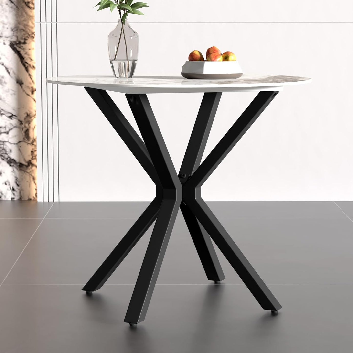 NIERN Round Dining Table, 35.4" Modern White Sintered Stone Table Top Kitchen Table, Dining Room Table with Black Powder Coated Legs for Home Living Room Kitchen