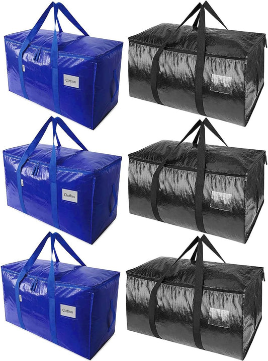 Heavy Duty Moving Bags with Zippers and Strong Handles, Packing Bags for Moving, Storage, Travel, Camping, Space-Saving Alternative to Moving Boxes, College Essentials, Moving Supplies (3Blue&3Black)
