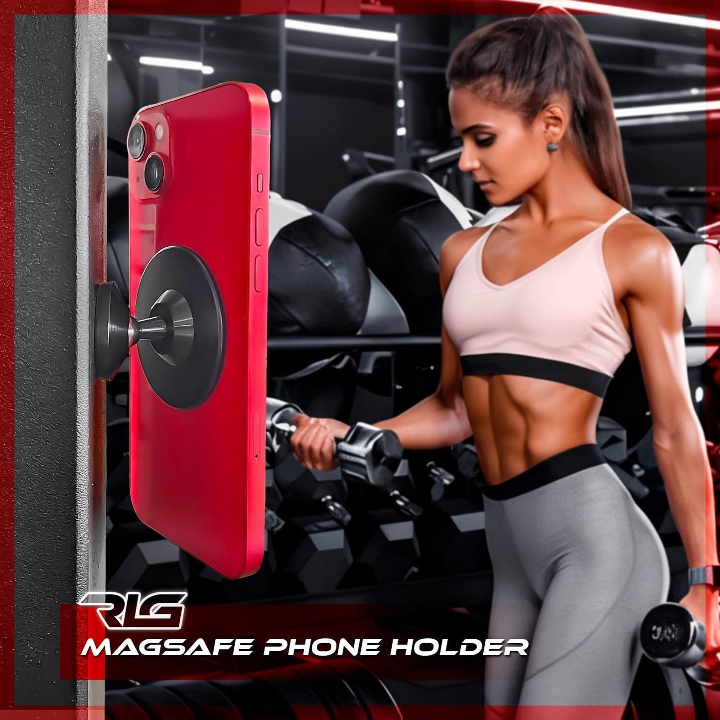 RL Grips® Magnetic Gym Mount with Dual Magnet Compatible MagSafe - Gym Magnet for iPhone with 360º Rotation with 3 Metal Stickers - Phone Holder for Cars and Macchi
