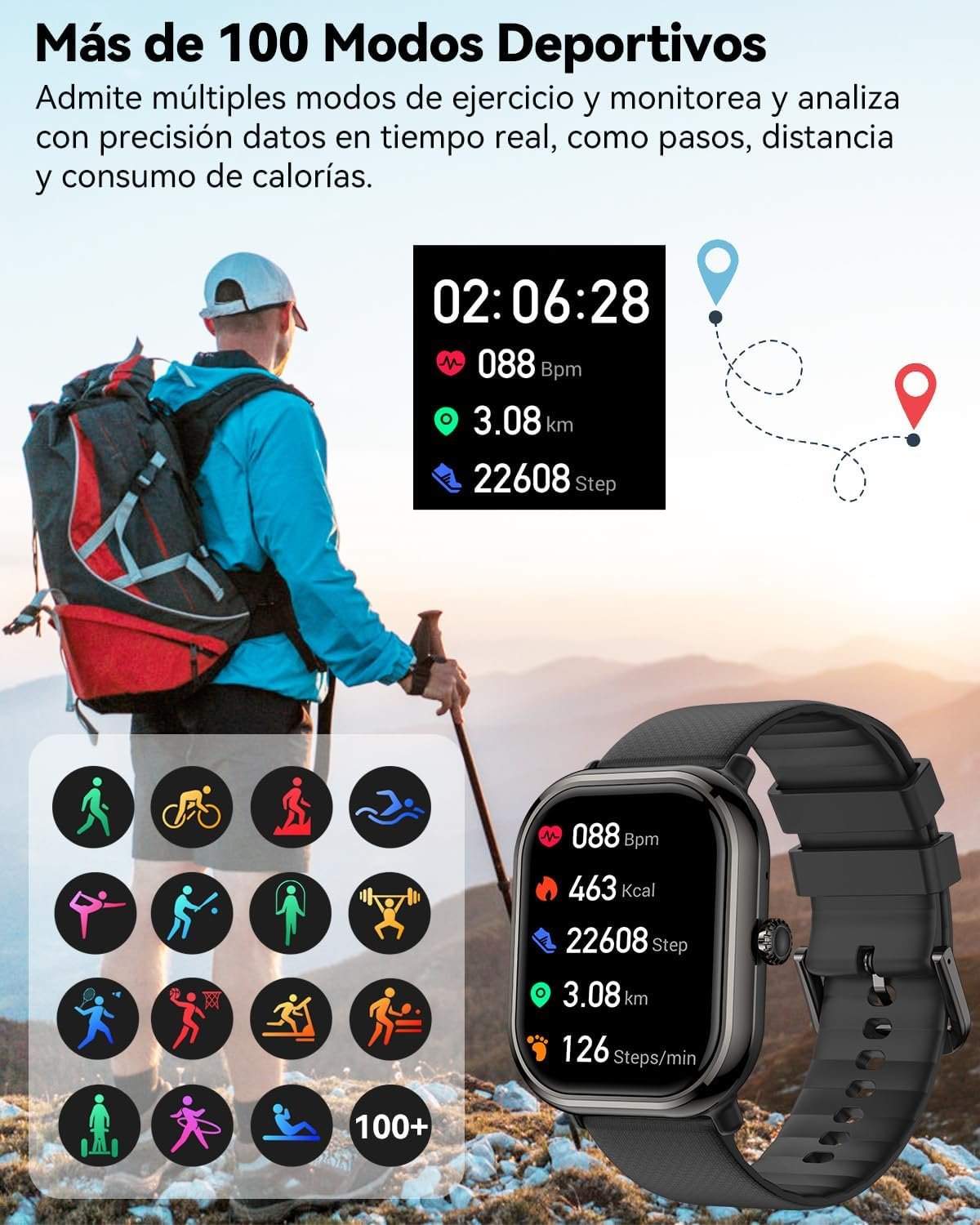 Musclez Smartwatch, Smart Watch for Women Men Kids, 1.96'' HD Touch Screen Pedometer, Calories, Heart Rate, Blood Pressure Monitor, IP68 Fitness Tracker (Black)