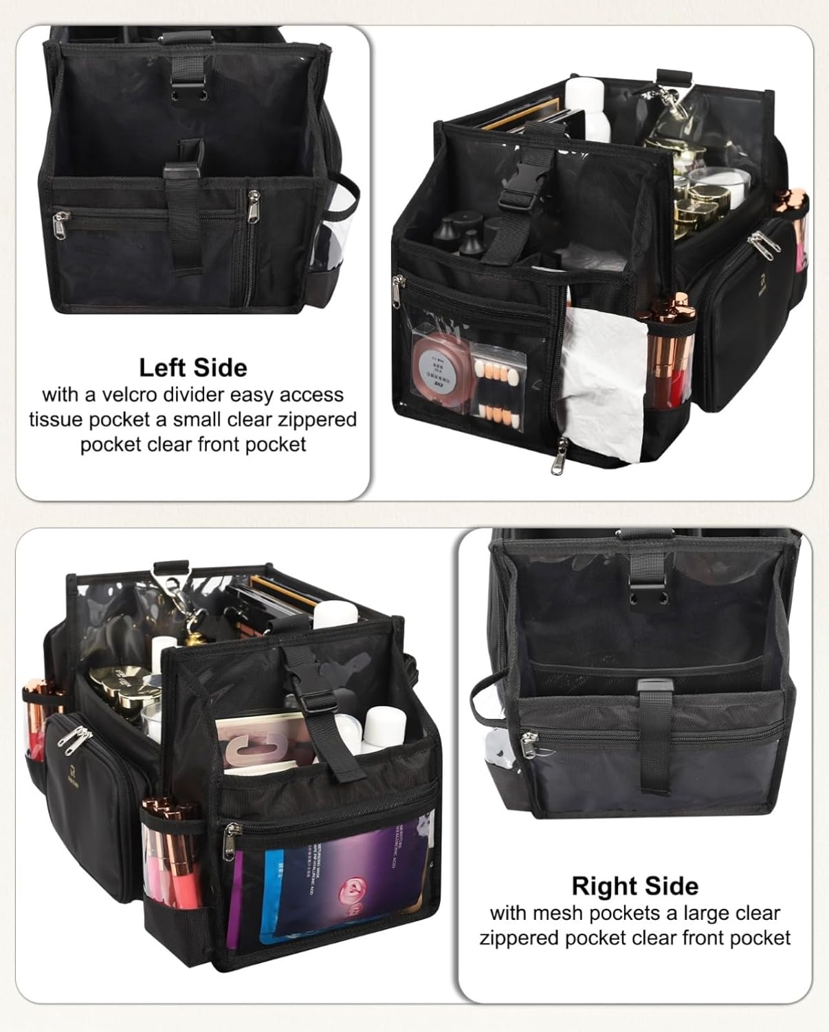Portable Makeup Artist Makeup Bag with Compartments PVC Coating Easy Clean 46cm Black Professional, Black, Professional