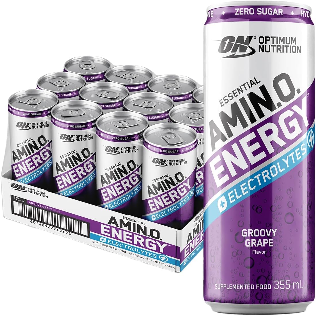 OPTIMUM NUTRITION Amino Energy + Electrolytes Sparkling Hydration Drink, Grape Flavour, 355ml, 12 Pack