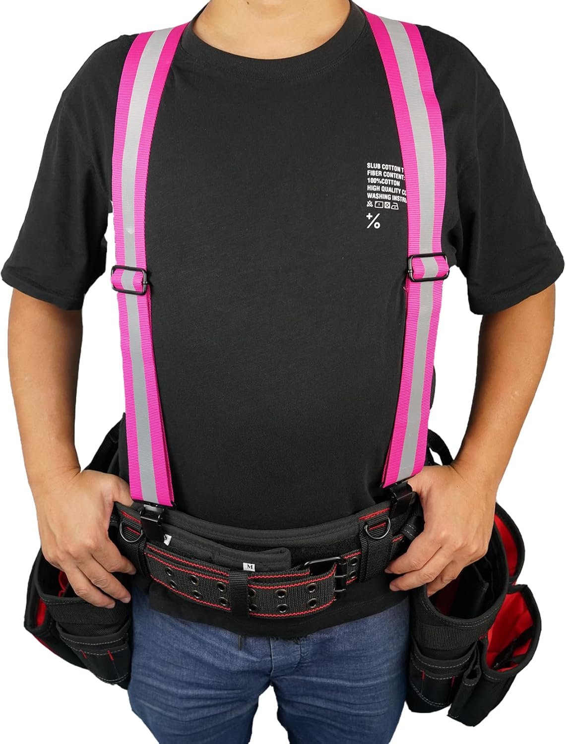 Reflective Safety Pink Suspenders|Work Suspenders with Hi Vis Reflective Strip Hold Up Tool Belt Suspenders Pink Relective, Adjustable Size