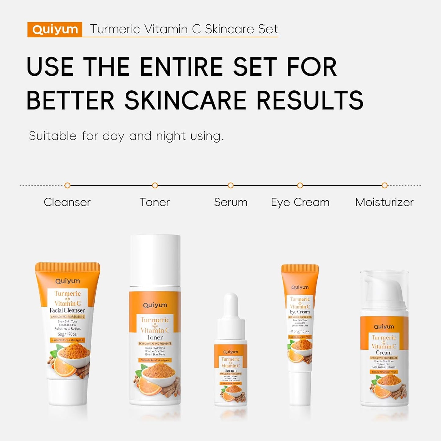 QUIYUM Turmeric Vitamin C Face Care Set, 5 Pieces Skin Care Gift Set for Women Skin Care Complete Face Skincare Kit with Cleanser Tonic Eye Cream Serum Cream