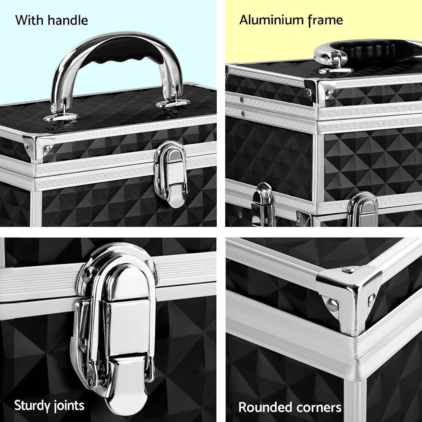 Embellir Makeup Case, Aluminium Beauty Cases Suitcase Make Up Large Organisers Storage Portable Toiletry Cosmetic Box Travel Indoor Outdoor Accessories, with 2 Sliding Trays Level Section Black