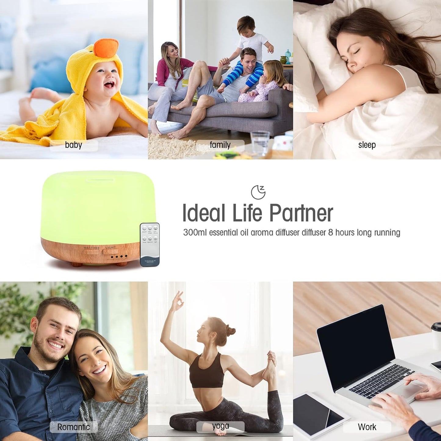 Aromatherapy Essential Oil Home Diffuser with Remote Control, 300ML Large Room Cool Mist Air Humidifier, 8 Hours Quiet Operation, Timer, 7 Colors LED Night Night,Suitable Home,Yoga.