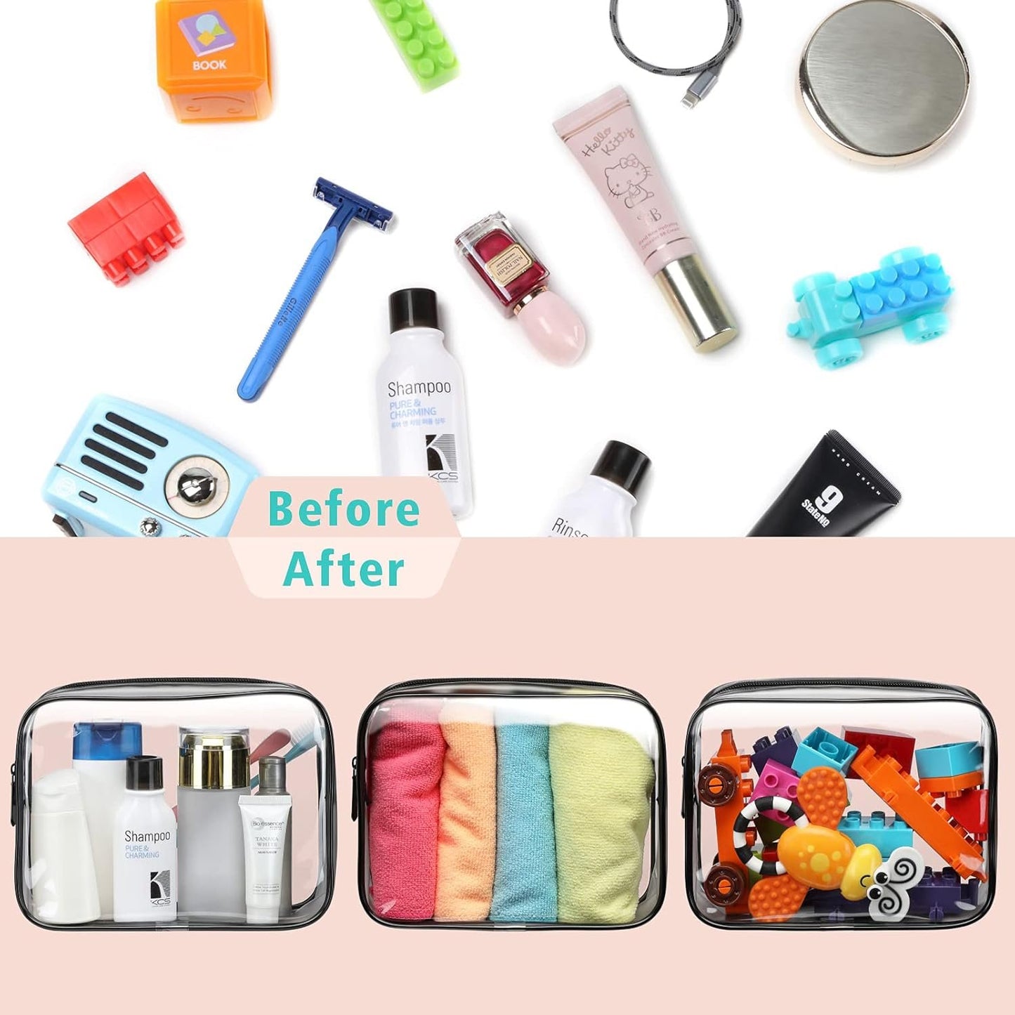 F-color 3 Pack TSA Approved Toiletry Bag - Clear Makeup Bag, Travel Cosmetic Bag for Women Men, Quart Size, Black