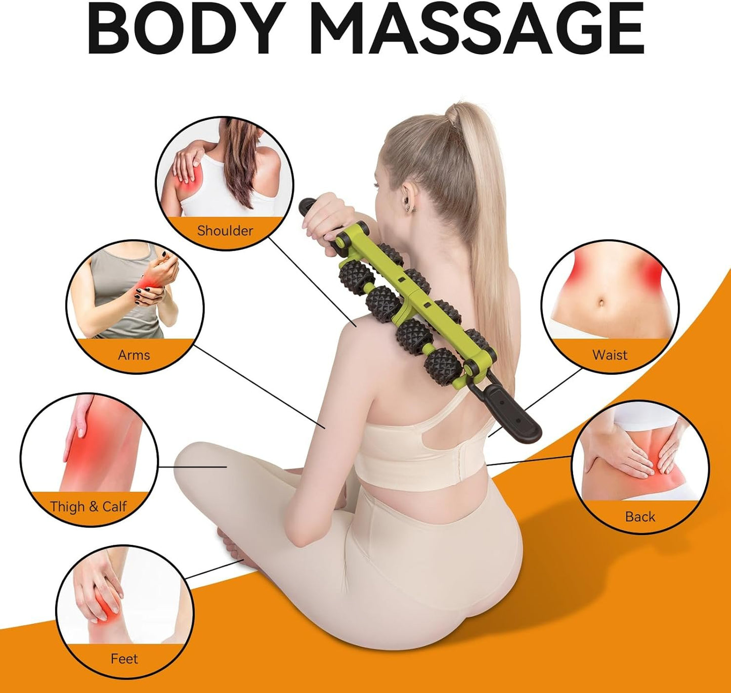 CSGGJR 8-Roller Detachable Fascia Massage Stick – Deep Tissue Massager for Back, Arms, Legs & Abdomen – Full Body Fascia Blasting Tool for Muscle Recovery, Circulation Boost & Cellulite Reduction