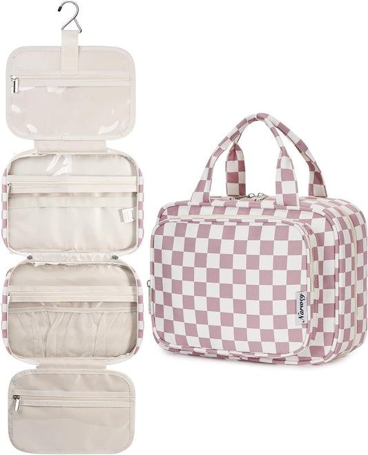 Narwey Hanging Toiletry Bag for Women Travel Makeup Bag Organizer Toiletries Bag for Travel Size Essentials Accessories Cosmetics (Dusty Rose Checkerboard (Medium))