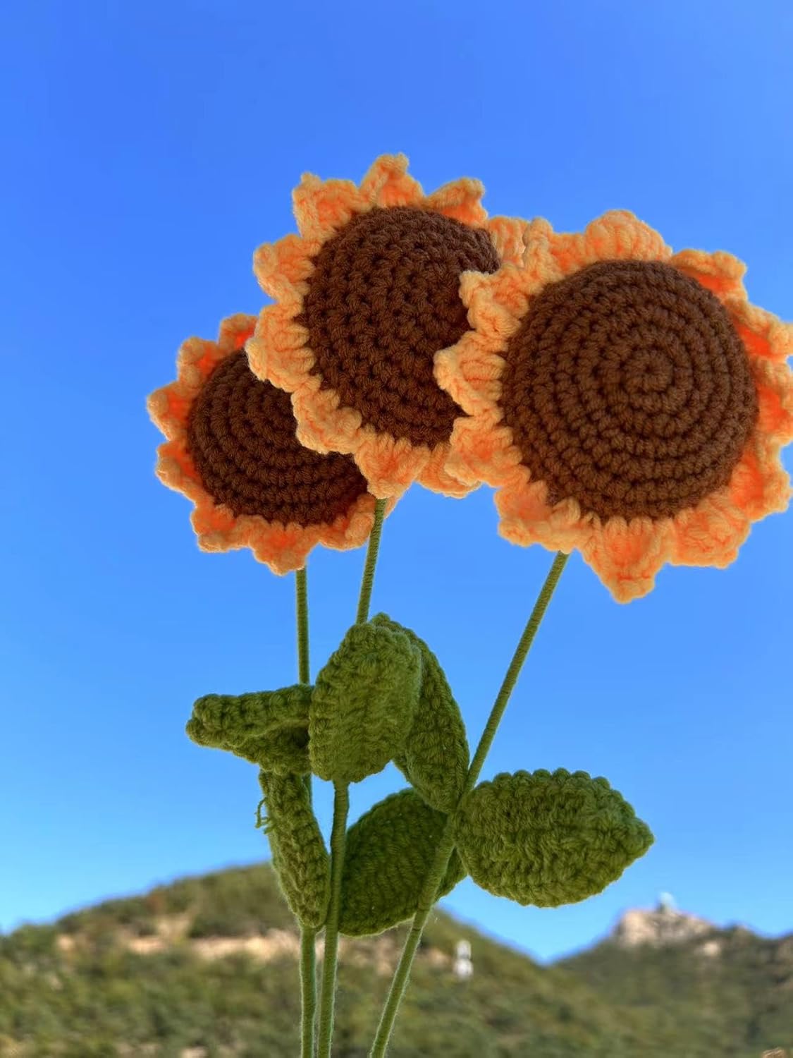 Ozfuns 3 Pcs Knitting Crochet Flowers Bouquet Handmade Sunflower Decor by Cotton Artificial Flowers Bouquet Handmade Home Decor Girl Gift