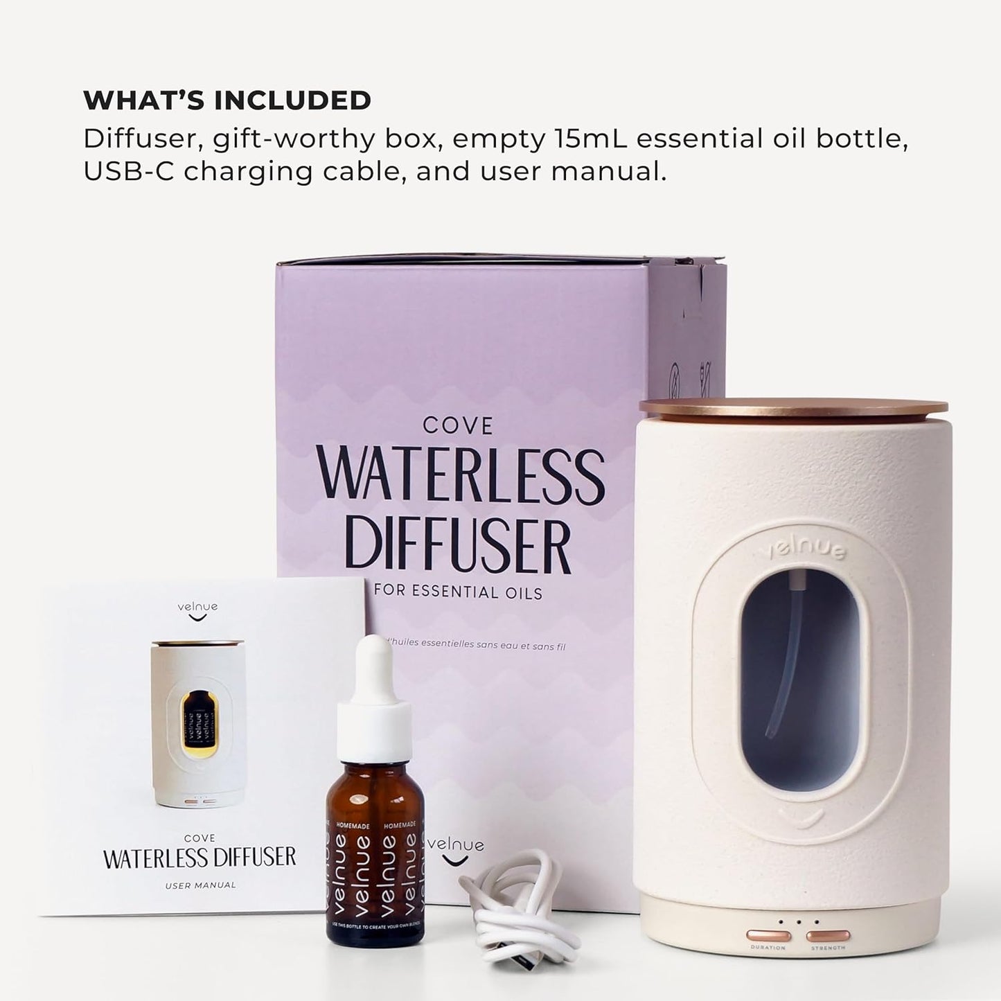 Waterless Nebulizing Essential Oil Diffuser - Battery Operated & Portable | Cordless Diffuser for Large Room Aromatherapy | Wireless Nebulizer & USB Rechargeable | Model: Cove (Ceramic Cream)