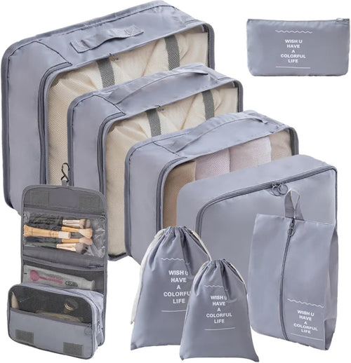 Janmobrian Organizer Valigia,Packing Cubes 10/7 PCS Set Travel Organizer Storage Bags Suitcase Packing Cubes Cases Portable Wardrobe Luggage Clothes Shoe Pouch Fold(10pcs Grey)
