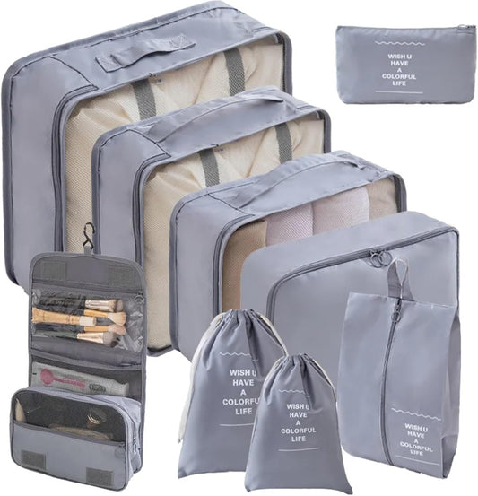 Janmobrian Organizer Valigia,Packing Cubes 10/7 PCS Set Travel Organizer Storage Bags Suitcase Packing Cubes Cases Portable Wardrobe Luggage Clothes Shoe Pouch Fold(10pcs Grey)