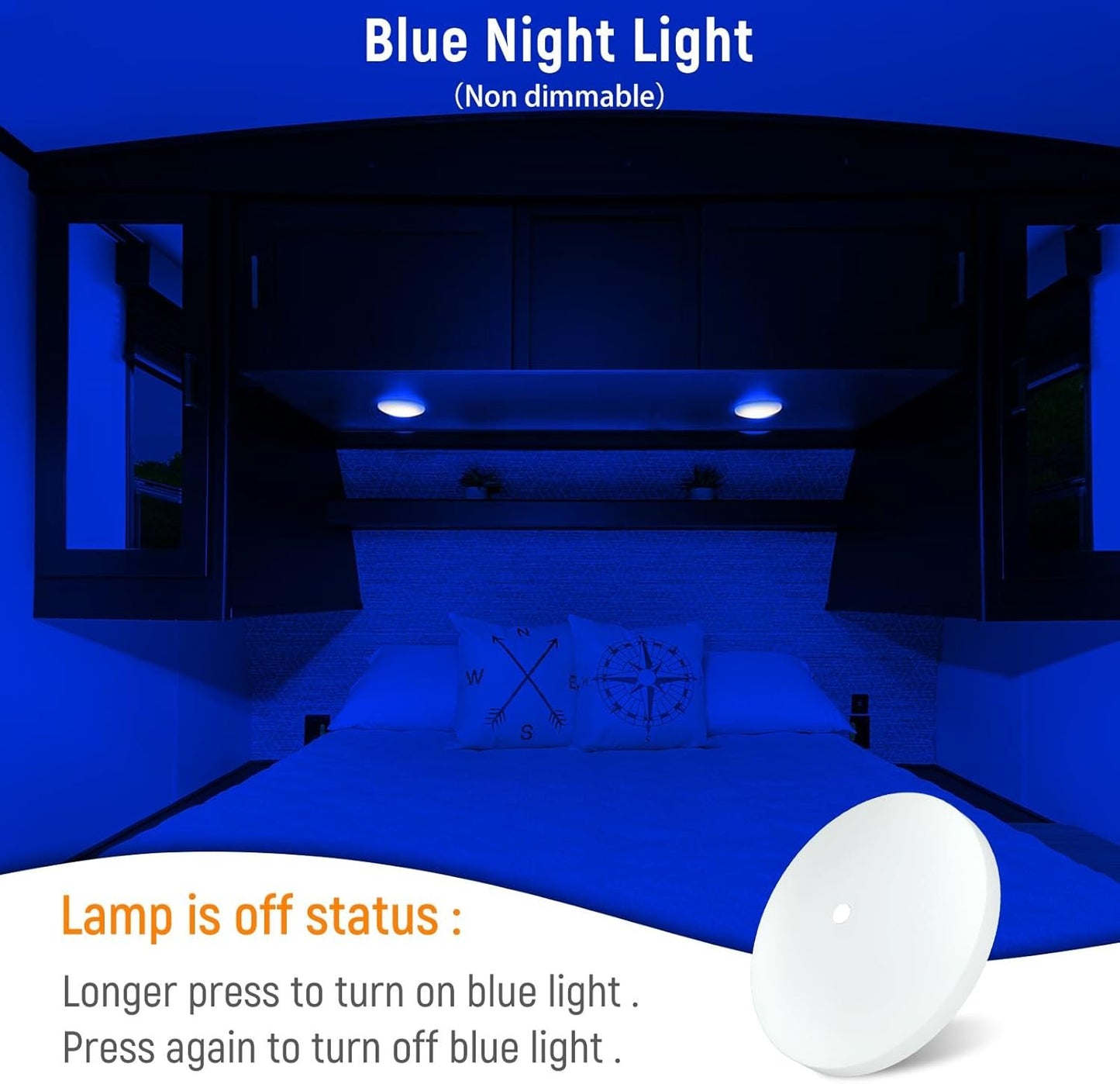 Obeaming 4 Pack RV Interior Ceiling Dome Light 4.5 Inch, Press Dimmer Switch & Blue Nightlight,12V Dimmable Puck Light for Motorhome Trailer Fifth Wheel Truck Coach Enclosed Trailer(5000K)