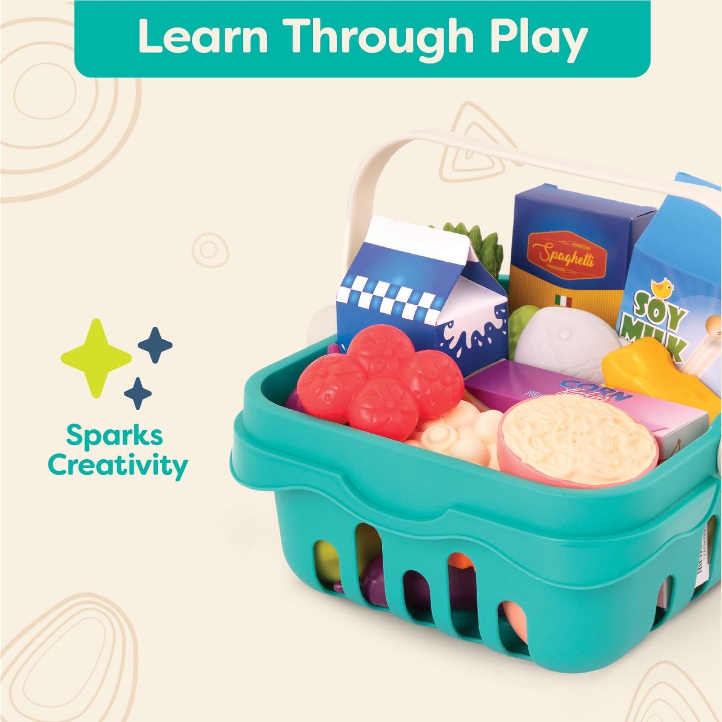 B. toys – Play Food & Basket – 18 Pieces of Toy Food – Grocery, Cooking, Play Kitchen Toys – Pretend Play Set for Toddlers, Kids – 2 Years + – Freshly Picked