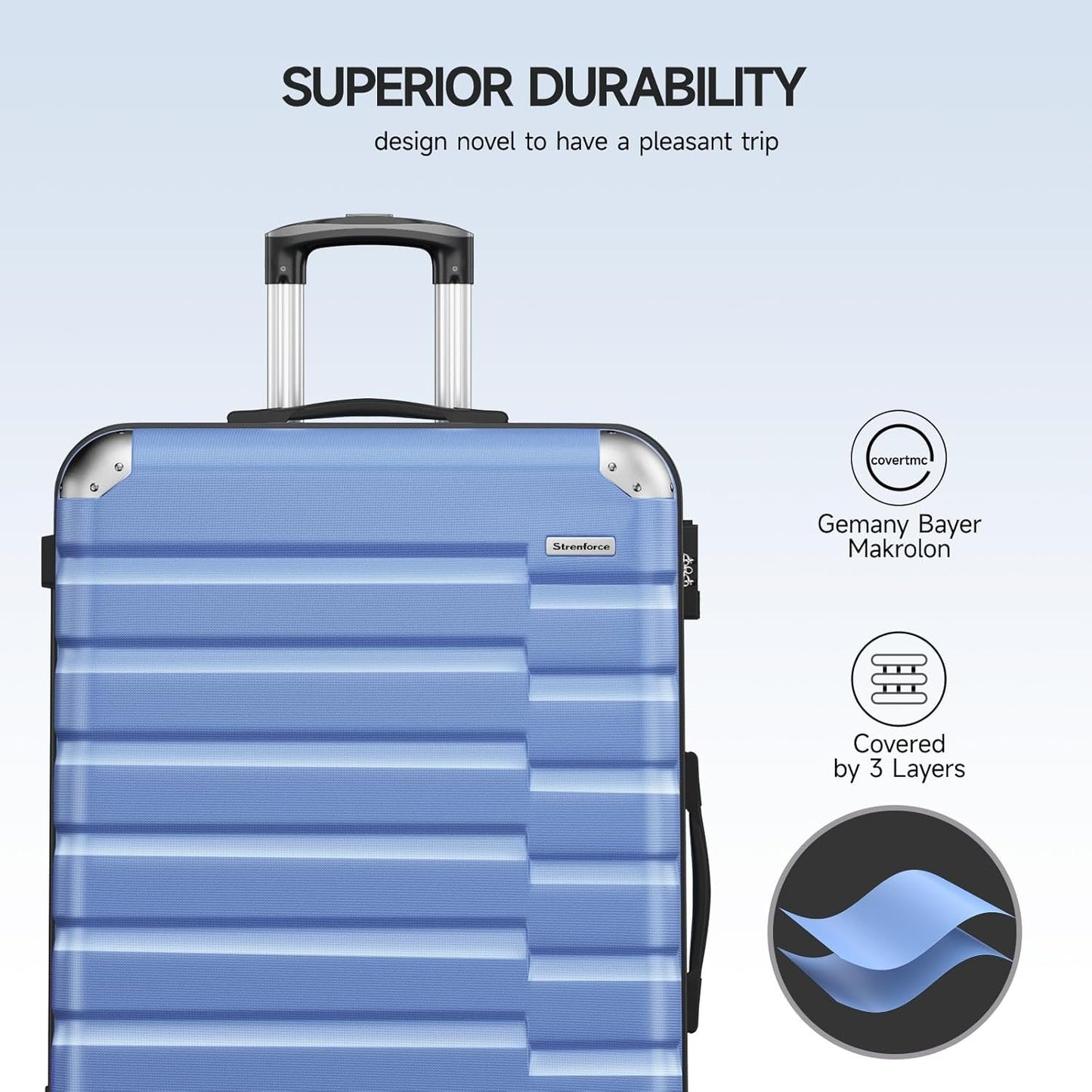 Strenforce Carry-On Luggage with 8 Spinner Wheels Travel Suitcase TSA Lock 20inch,Light Blue