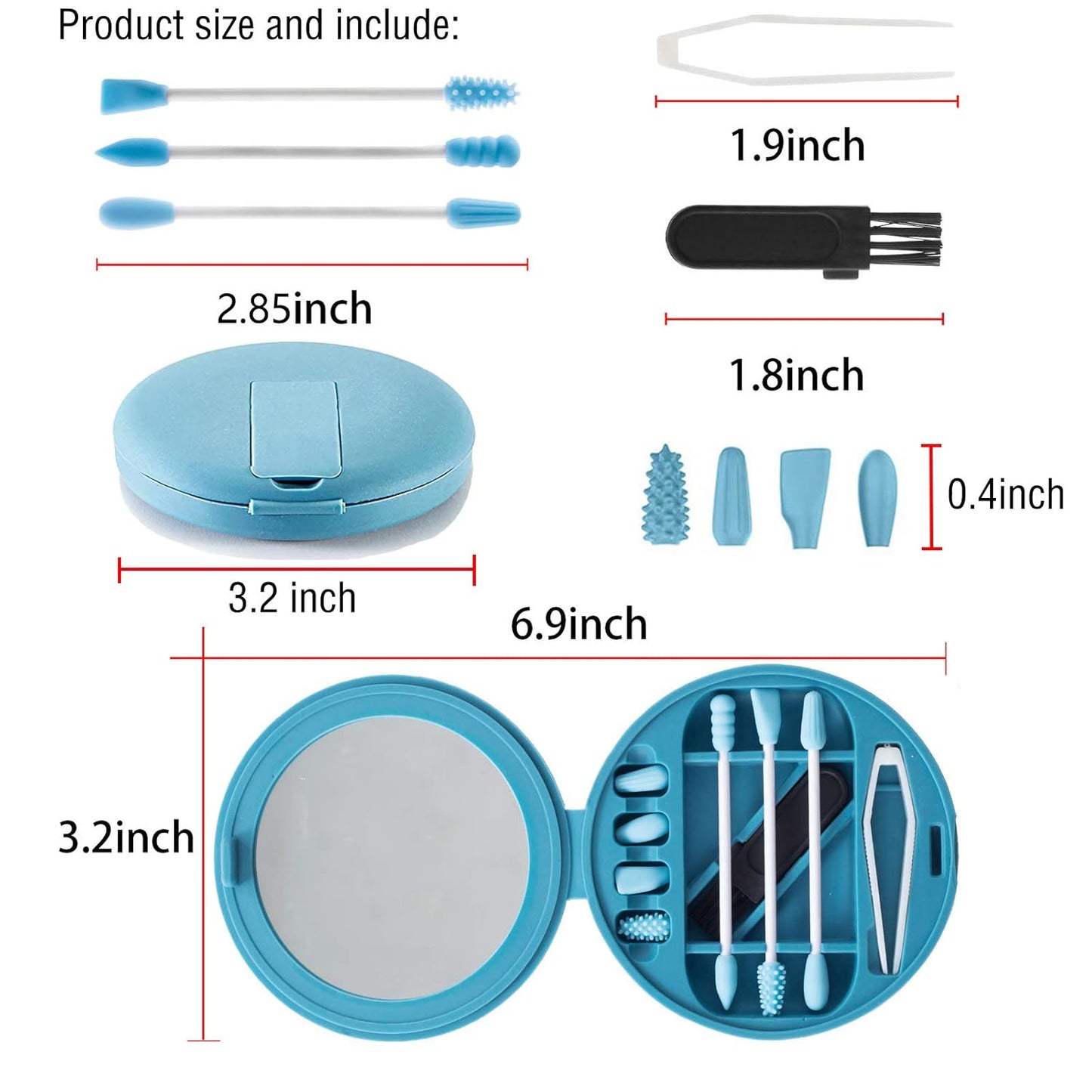 Strogem Reusable Cotton Swabs with 1 Mirror for Makeup Application and Cleaning, Multifunctional Portable Washable Silicone Q-Tip (Blue)