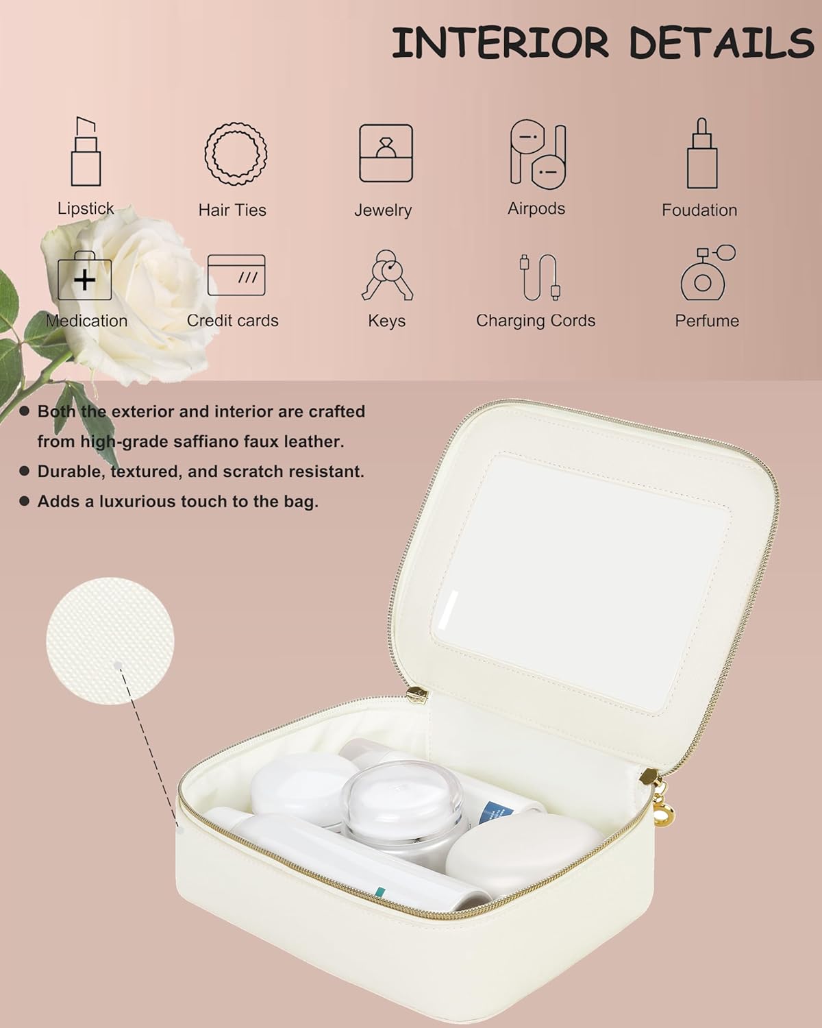 Leather Clear Makeup Bags Set - Travel Clear Cosmetic Bag Case with Zipper, Transparent TSA Approved Toiletry Bags for Travel Essentials Car Accessories for Women (White, S+M)