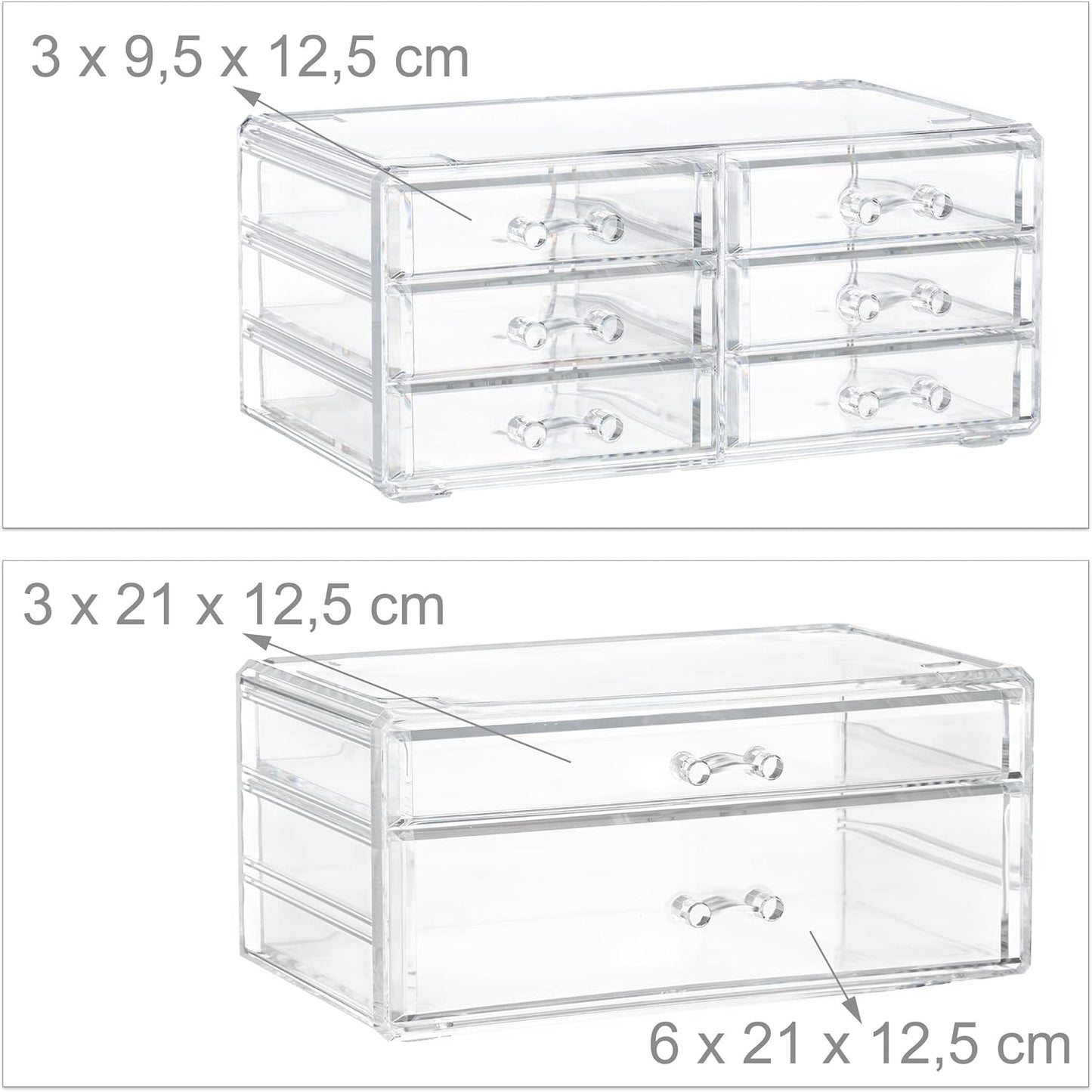 Relaxdays Make-Up Organiser with Drawers, Make-Up Holder and Accessories, Acrylic, Transparent