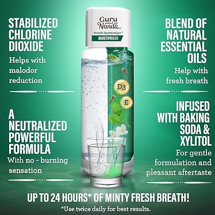 GuruNanda Dual Barrel Breath Harmonizer Mouthwash - Freshens Breath - Alcohol & Fluoride Free with Sodium Chlorite & Essential Oils - Wild Mint Flavor, 3 Pack
