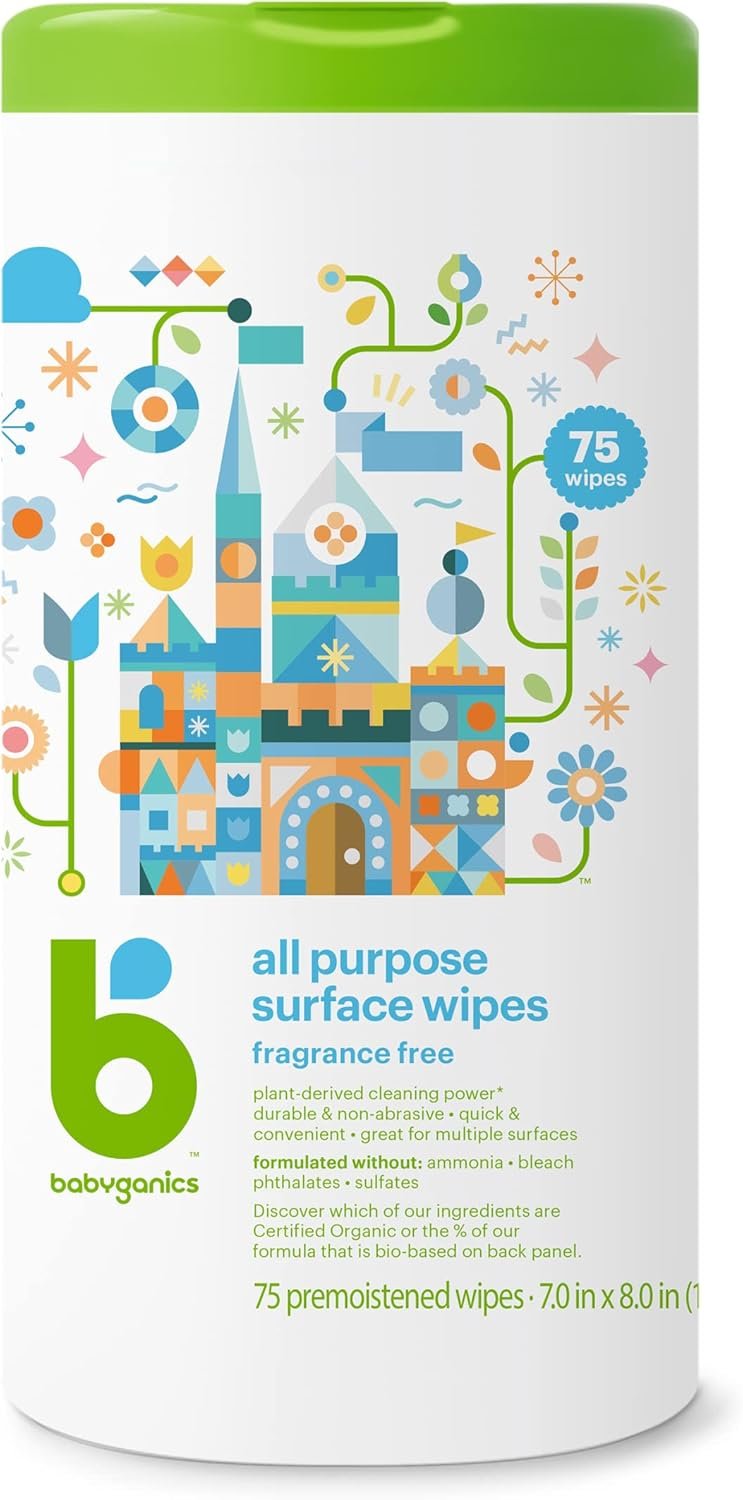 Babyganics Unscented & All-Purpose Wipes, Surface Cleaning Wipes to Cover Baby's Tracks and Prepare Their Next Adventure, Fragrance and Ammonia Free, 75 Wipes, Packaging May Vary