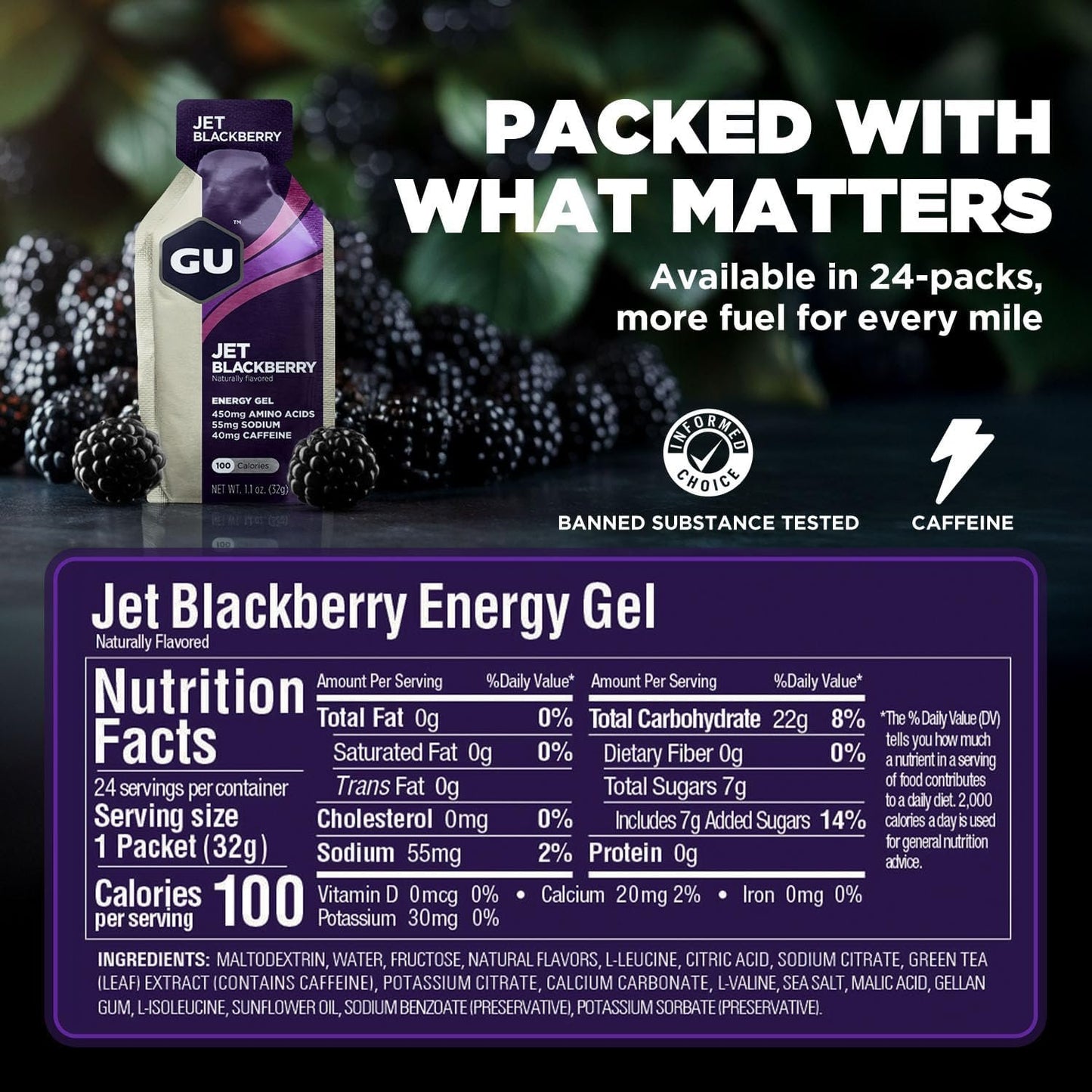 GU ENERGY Original Sports Nutrition Energy Gel, Jet Blackberry, 24-Count