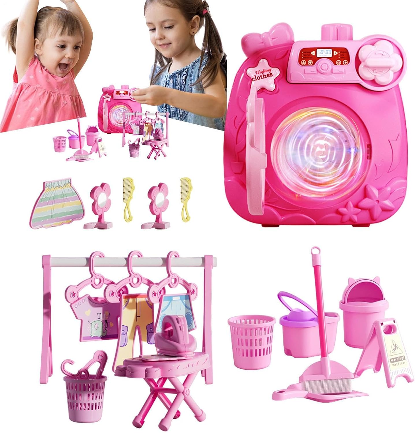 ccuzs Kids Washing Machine, Interactive Pretend Play Washer and Dryer, Miniature Educational Toy with Accessories for Girls and Boys, Material: ABS, 8.58x4.33x8.94in