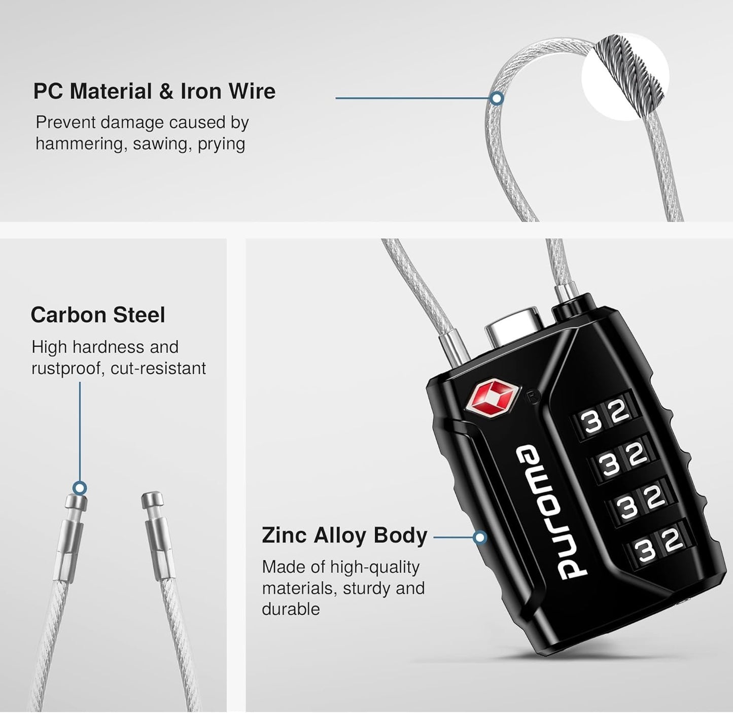 Puroma 4 Pack TSA Approved Luggage Locks, 4 Digit Combination Travel Locks Resettable Code Lock with Zinc Alloy Body for Suitcase, Toolbox, Backpack, Bag, Gym Locker (Black)
