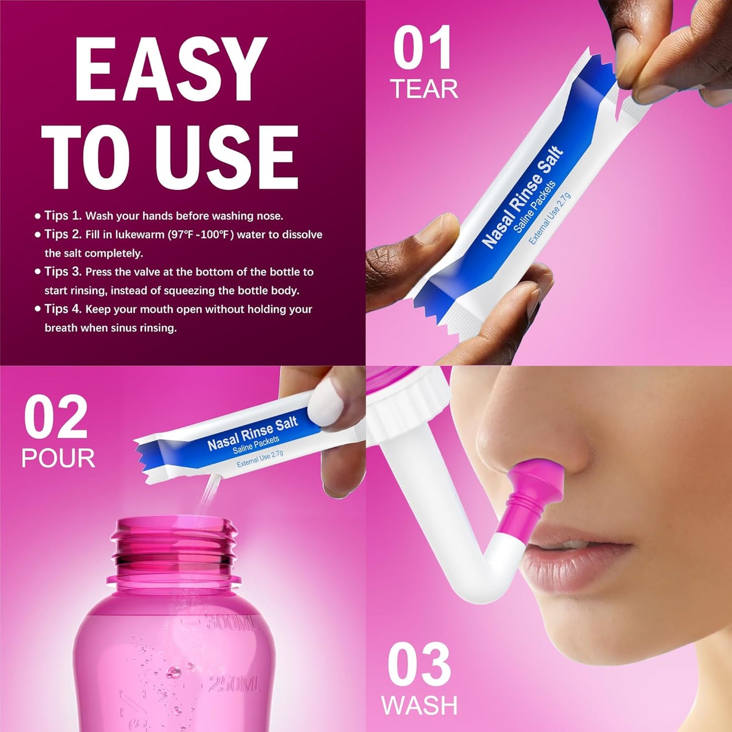 Neti Pot Sinus Rinse Bottle Nose Wash Cleaner Pressure Rinse Nasal Irrigation for Adult & Kid BPA Free 300 ML with 30 Nasal Wash Salt Packets and...