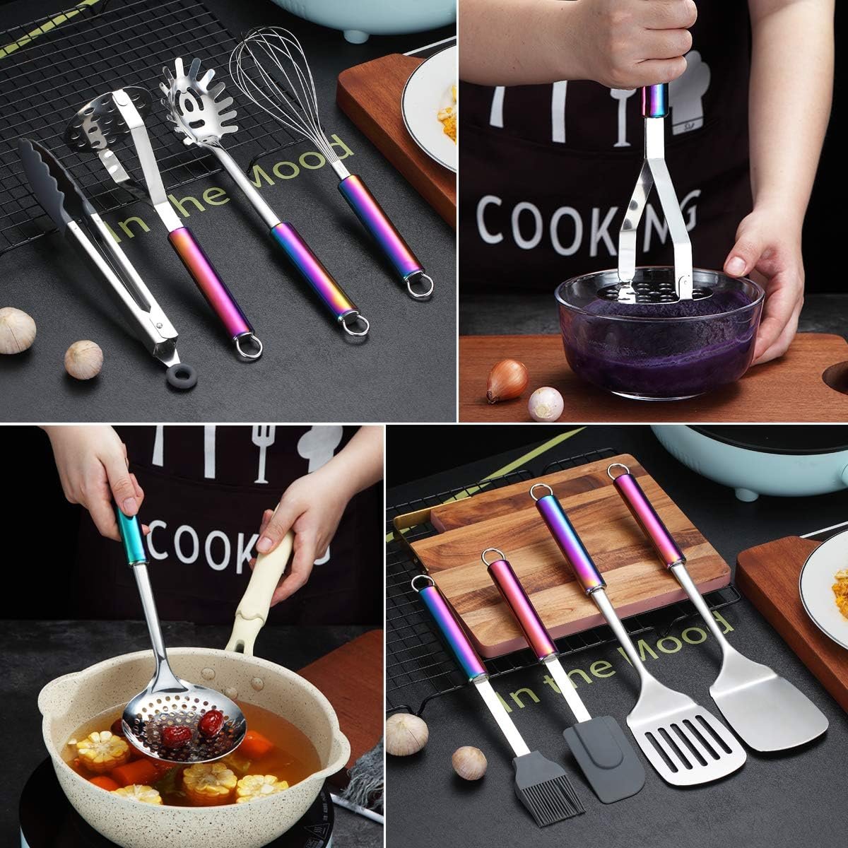 HOMQUEN Stainless Steel Kitchen Utensils Set, 12-Piece Kitchen Utensils, Kitchen Gadgets Set of Cookware, Best Gift Set of Kitchen Utensils (Coloured Handle)