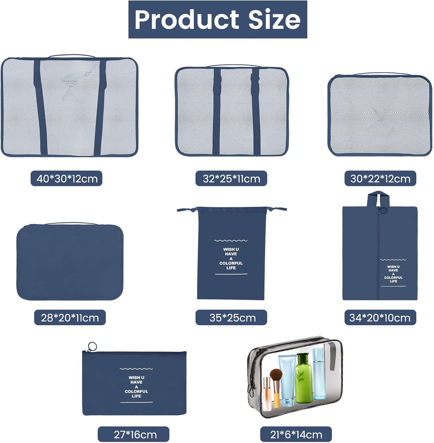 Sarsumir Travel Suitcase Organizer, 8 Pieces Packing Cubes Organizer Suitcase Travel Organizer with Waterproof Bags Toiletry Clothes Shoes, Navy Blue