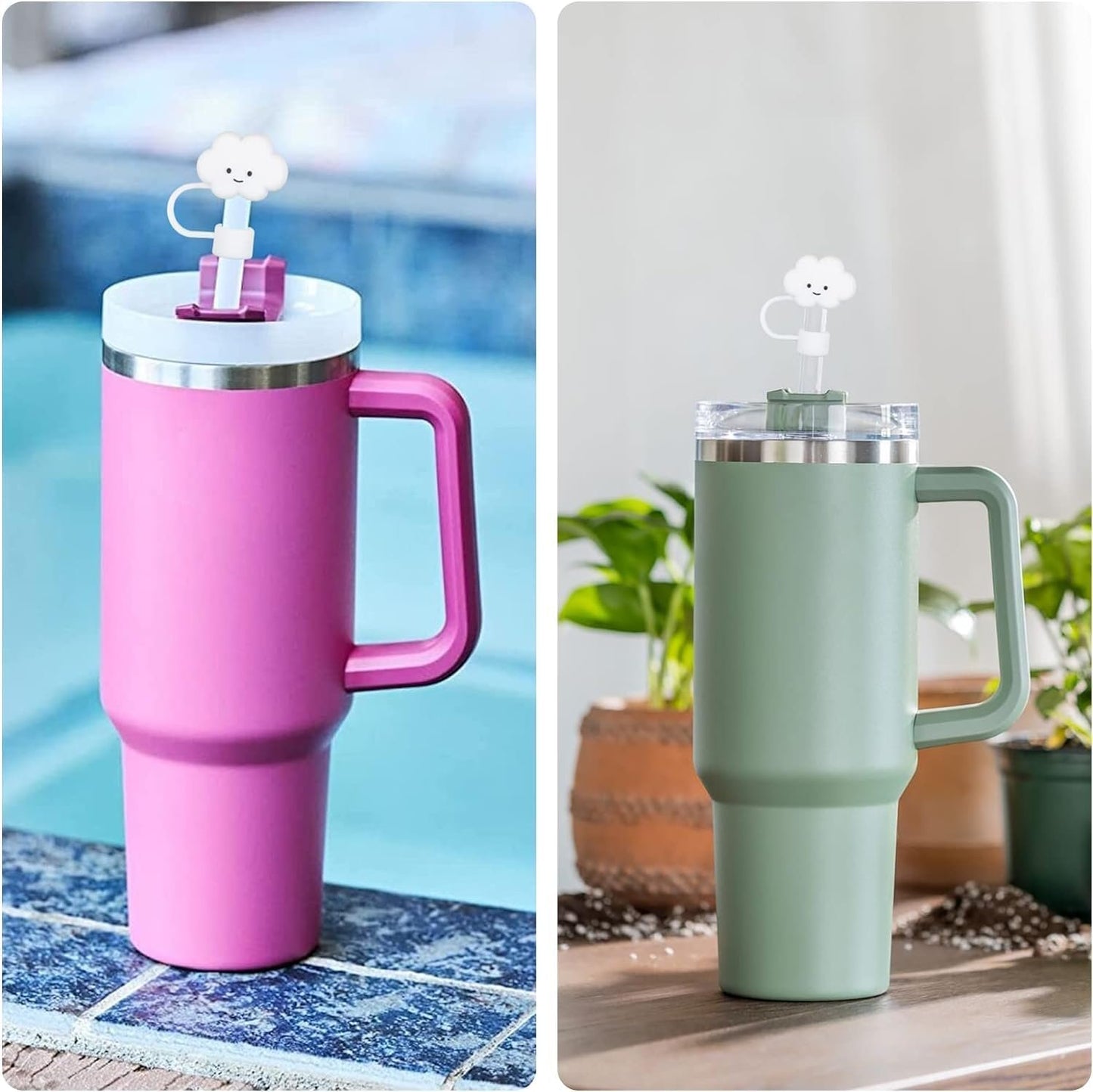 4 Pcs White Cloud Reusable Stainless Steel Silicone Food Grade Silicone Straw Protector Cover Kitchen Utensils Gadgets