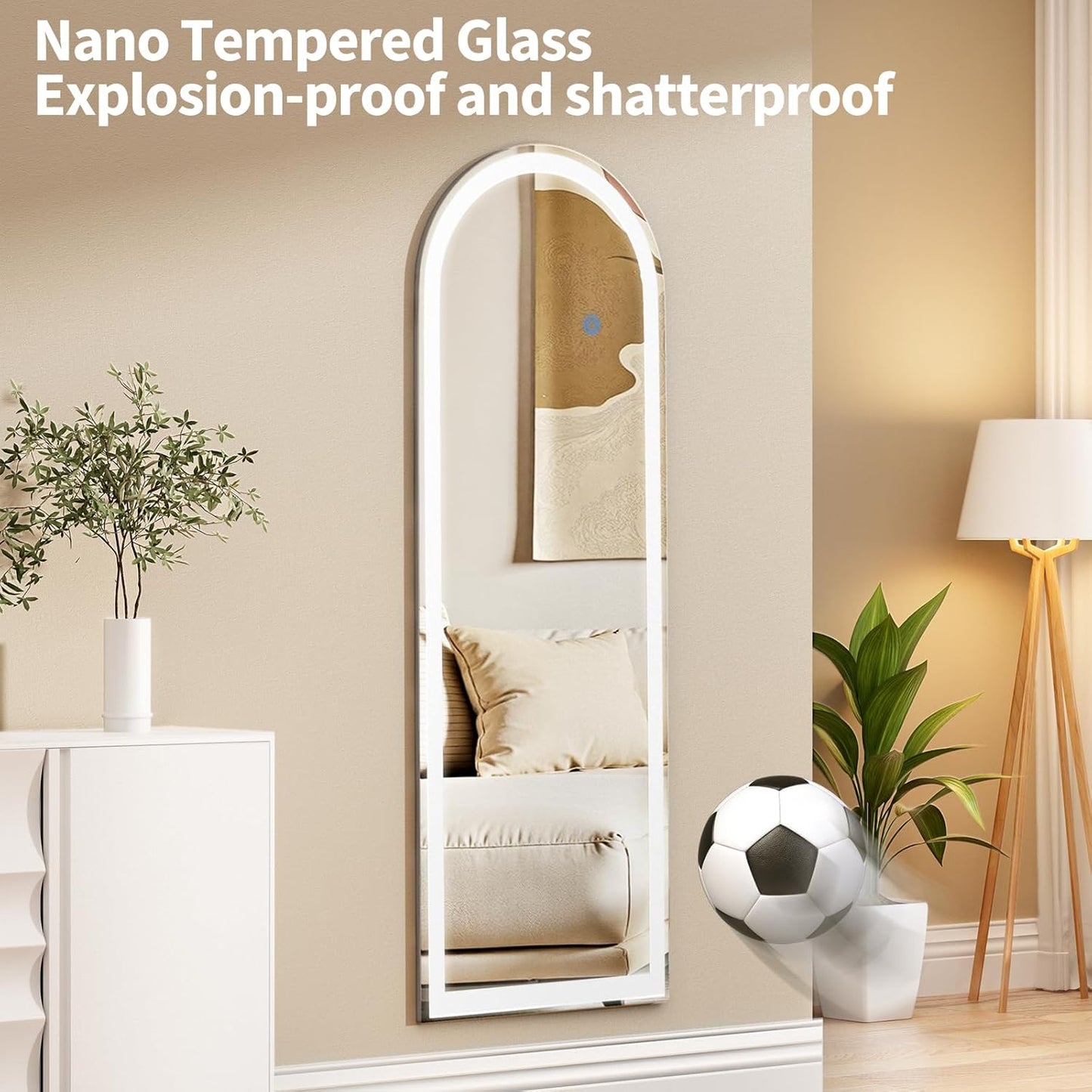 Koonmi Arched LED Full Length Mirror 20" x 56" Wall Mounted/Standing Full Body Mirror with Dimmable & 3 Color Lighting, Aluminum Alloy Frame, Tempered Glass, Safe to Use, for Bedroom/Cloakroom