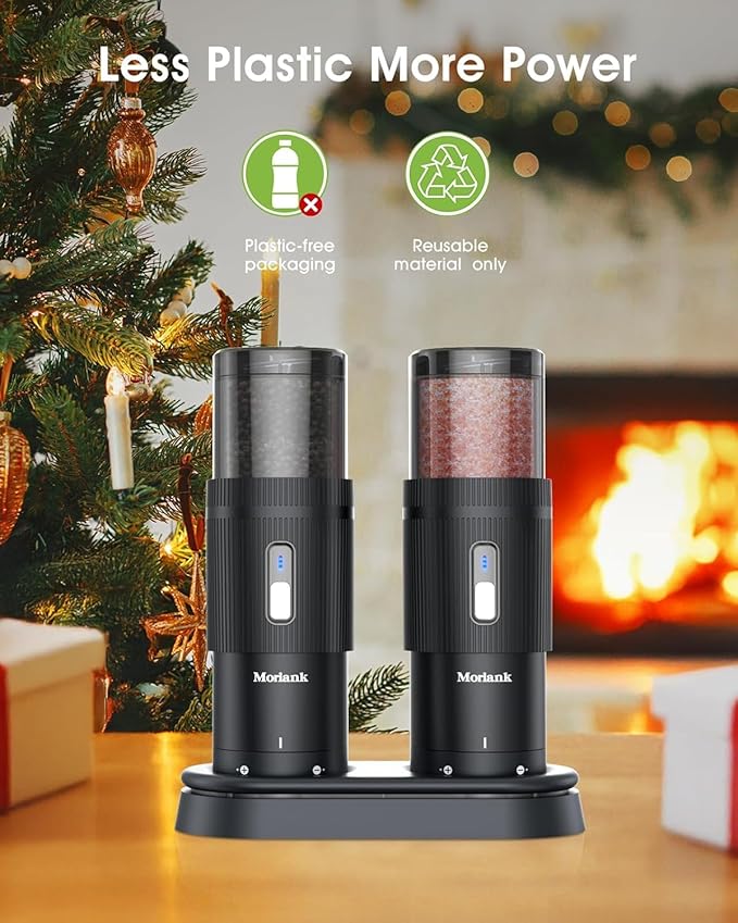 Upgraded Larger Capacity Electric Salt and Pepper Grinder Set, Rechargeable Salt and Pepper Grinder Set with a Brilliant Charge Base, Adjustable Coarseness, Efficient Kitchen Gadgets, Iron Gray