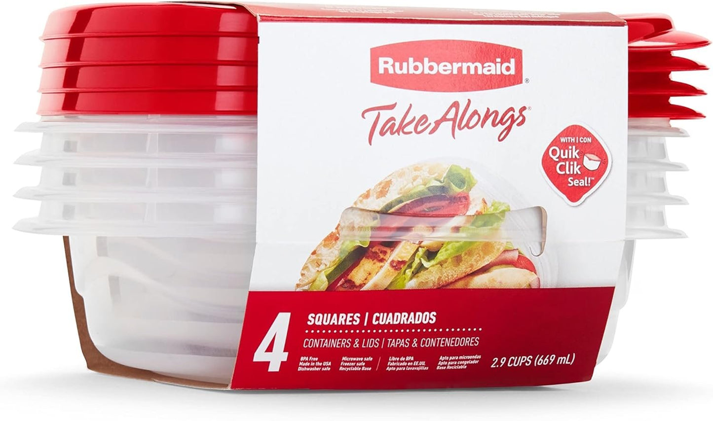 Rubbermaid TakeAlongs 2.9-Cup Square Food Storage Containers, 4-Pack, Chili Red