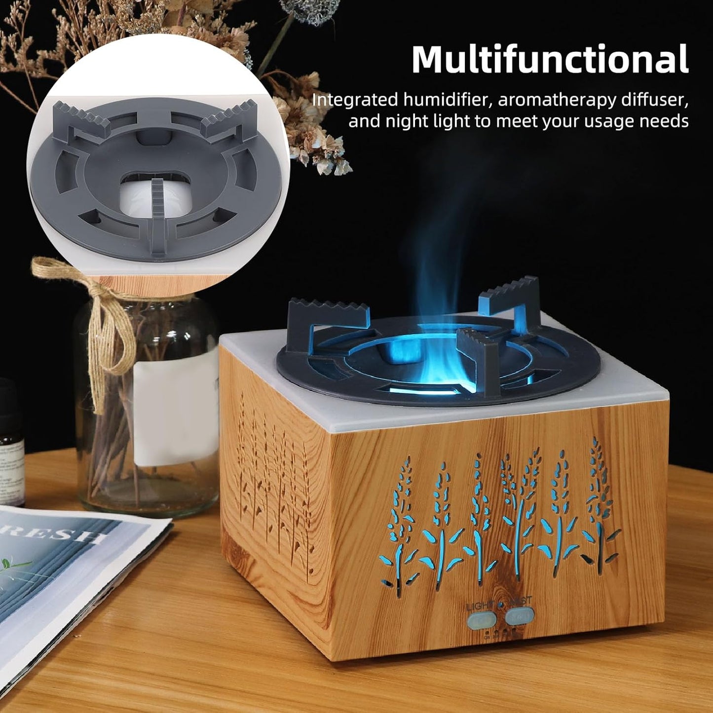 Fragrant Oil Humidifier, Remote Control and 3 In 1 Design Flames Aromatherapy Scent Diffuser with Timing Function for Home Room Office Air Cleaner(400ml) (US Plug 100-240V)