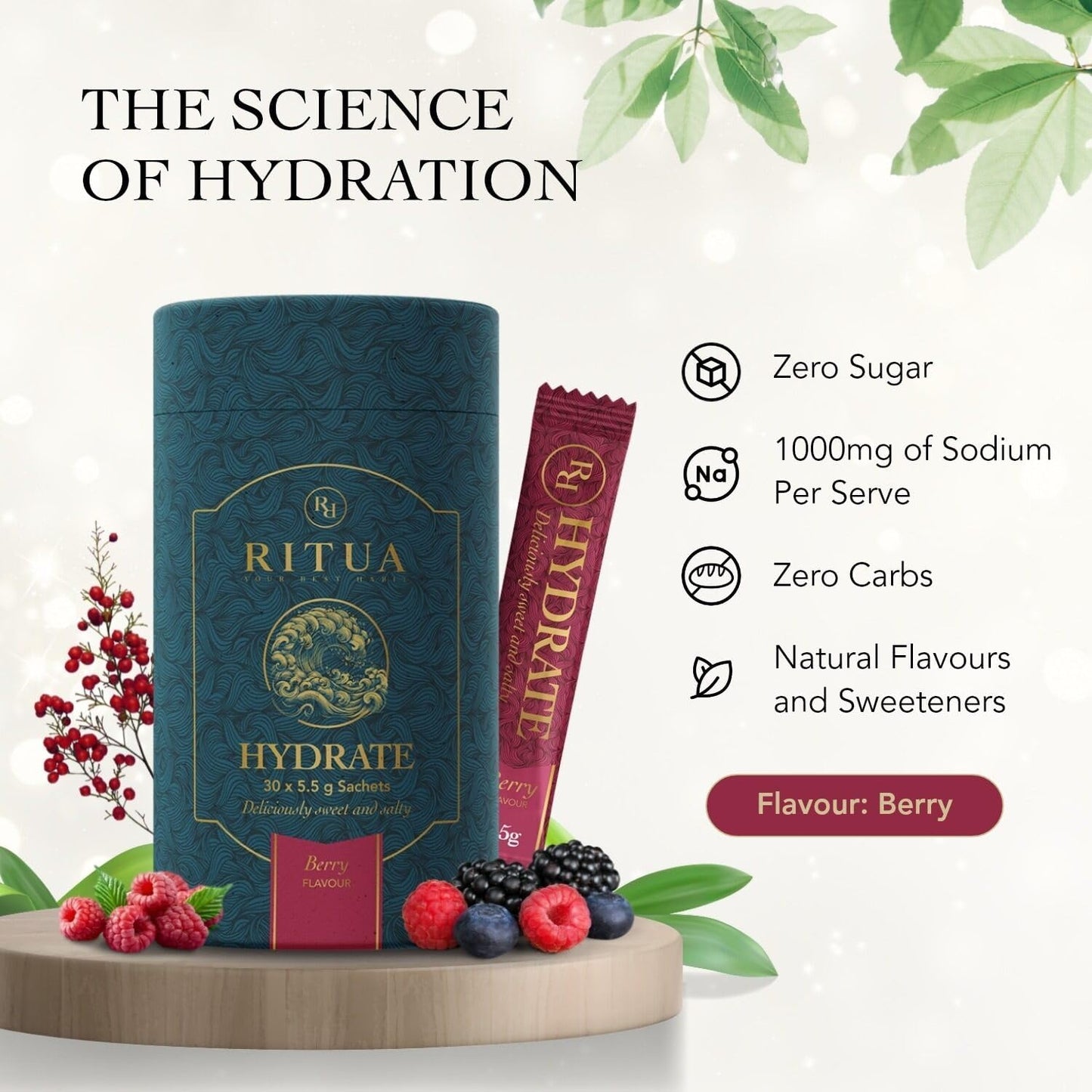 RITUA Zero Sugar HYDRATE Electrolyte Powder, Ideal Pre-workout and Post-workout Powder, Zero Carbs Energy Drink, 1000mg Sodium Per Serve, Natural Flavours and Sweeteners, 30 Sachets (30 Sachets, Berry)