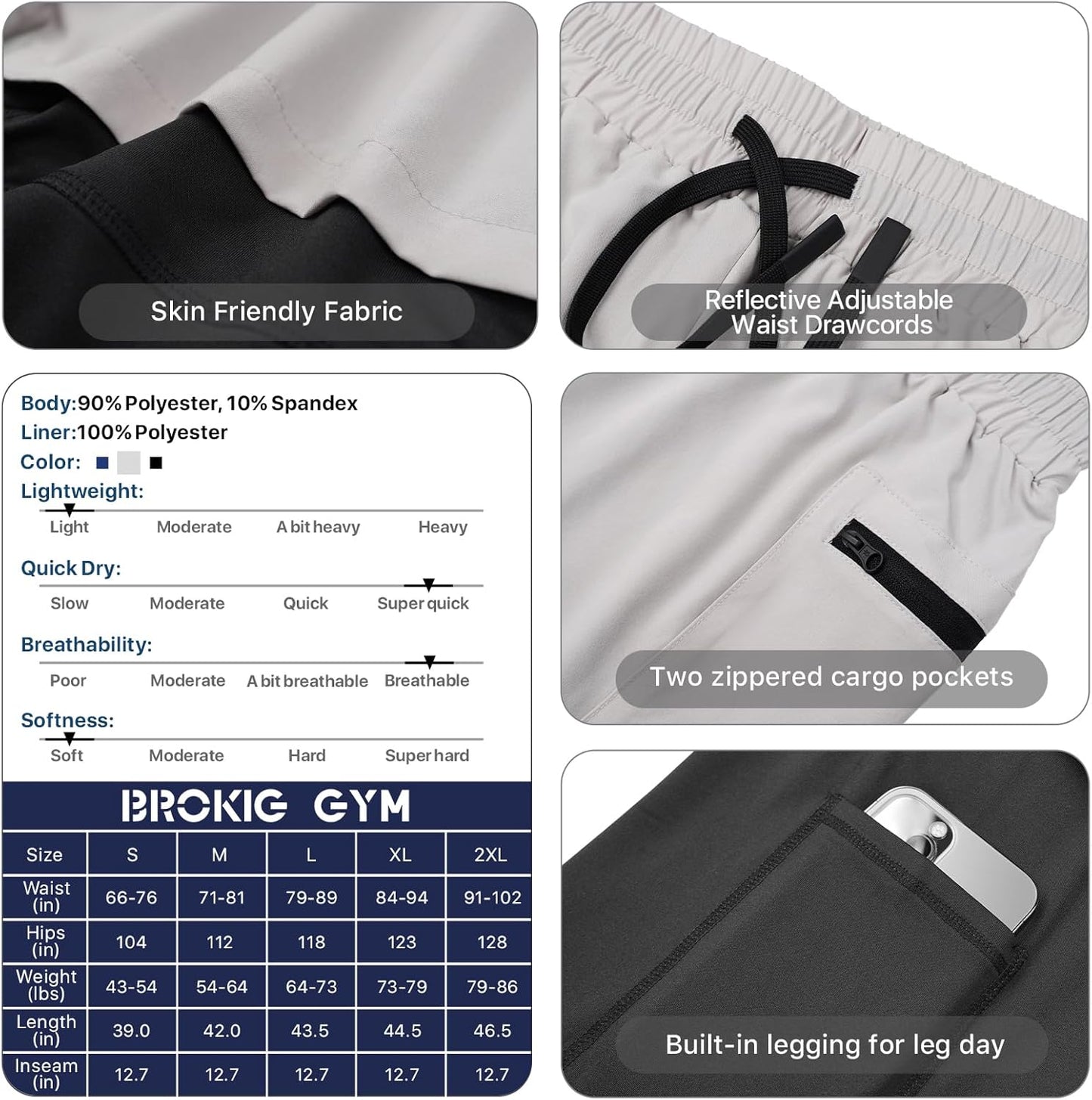 BROKIG Men's 2 in 1 Running Shorts, Quick Dry Sport Shorts Workout Fitness Gym Shorts Men with Zip Pockets