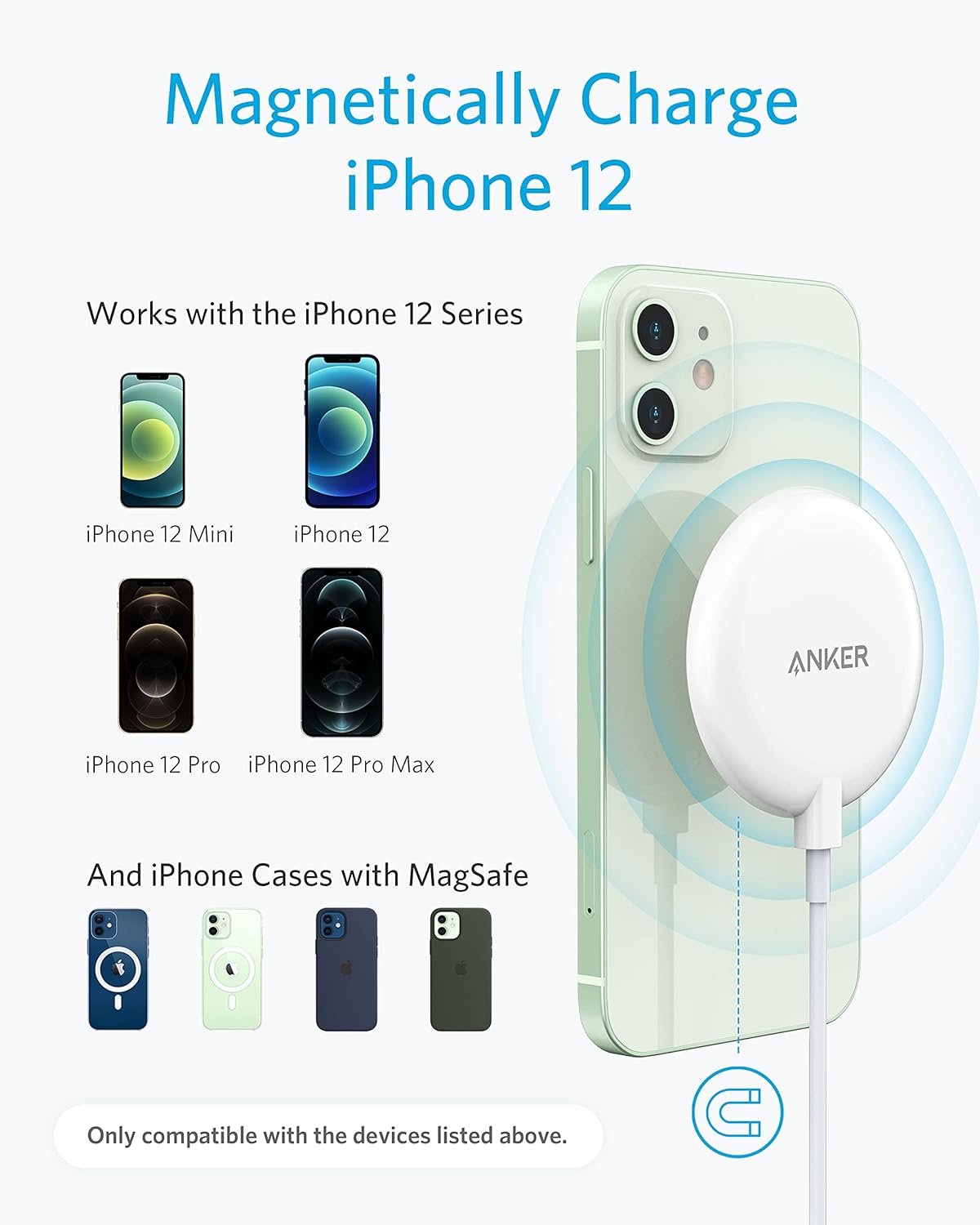 Anker PowerWave Magnetic Wireless Chargers 5 ft Built-in USB-C cable, compatible with Magsafe for iPhone 16/15/14/13 series