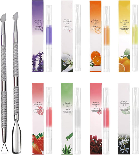 Cuticle Oil for Nails Pen, Nail Care Pen, Nail Care Oil Pen Nourishing, Cuticle Revitalizer Nail Oil Pen Moisturizing Repair Cuticle, 8pcs with Steel Push Armature Oil