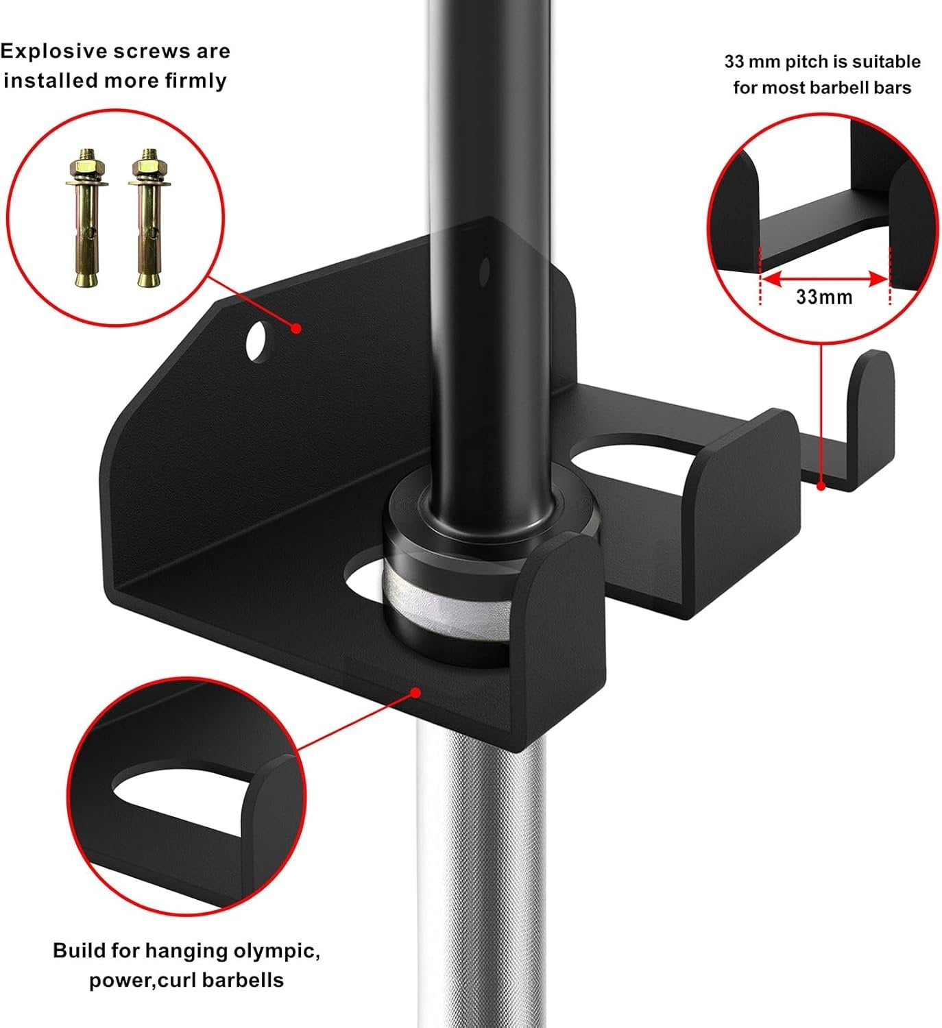Fitness Barbell Storage, Double Olympic Wall Mount Barbell Holder and Hanger, Vertical Hanging Barbell Rack, Black Powder Coated, Space Saving Commercial or Home Gym Accessory