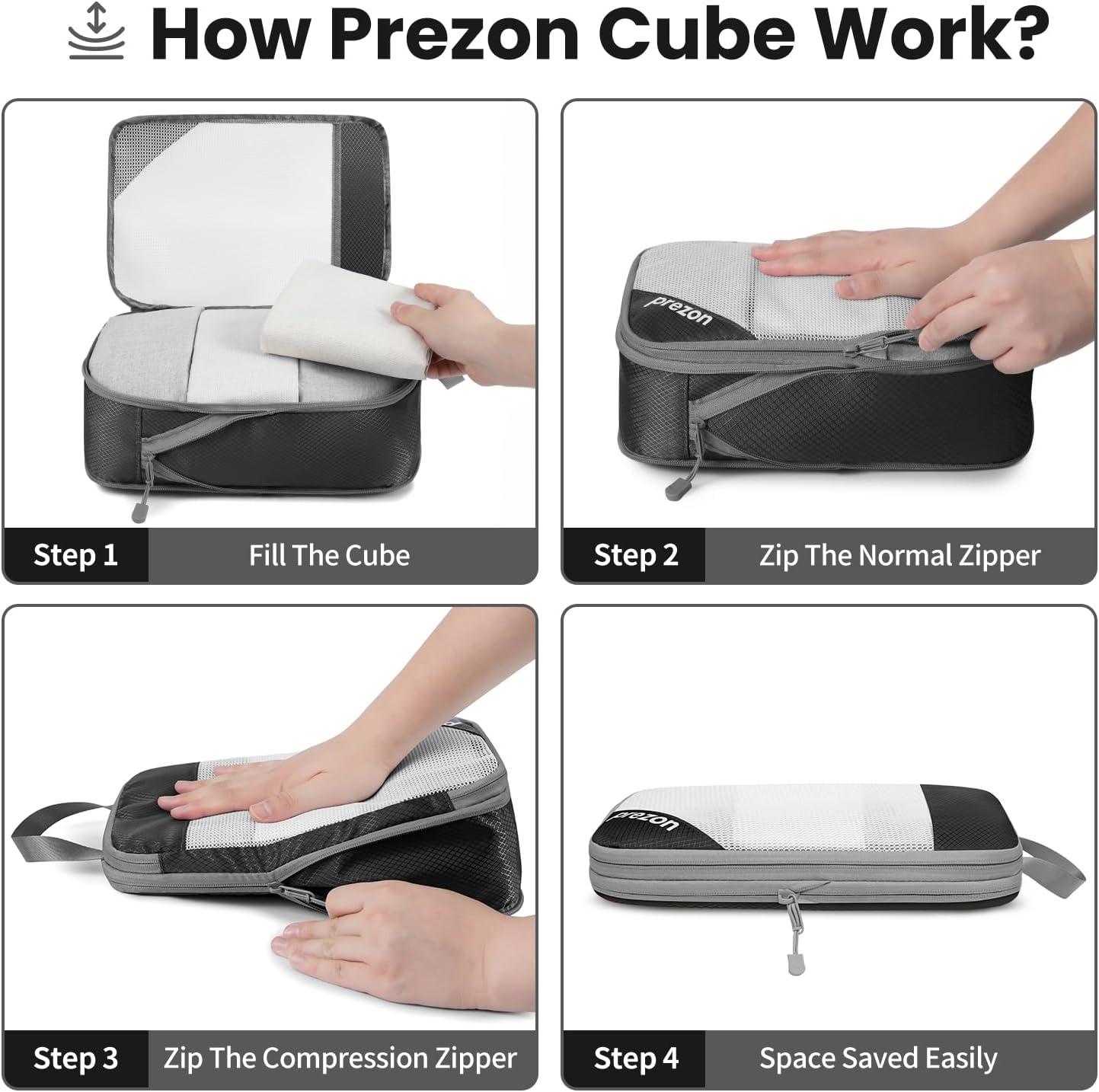 Prezon Versatile 6-Set Compression Hollow Packing Cubes, Full Open Visible Design.Space-Saving and Lightweight, Customized Cationic Material, Portable and Durable Luggage Organizer (6 Sets Black)