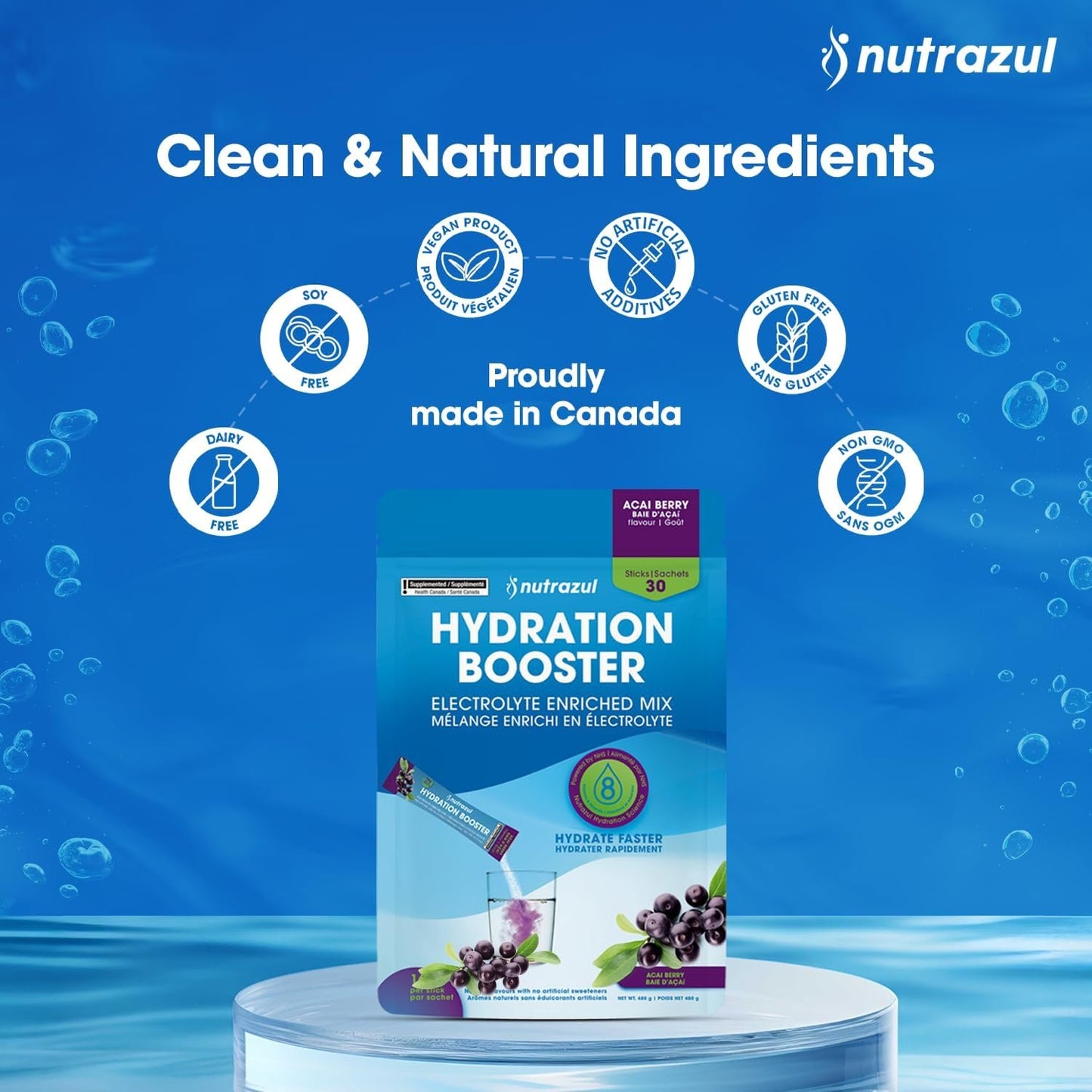 Nutrazul Hydration Booster | Supports Rapid Hydration | Electrolyte Enriched Mix | No Artificial Sweeteners | Acai Berry Flavour| Vegan, Gluten-Free, Non-GMO | 90 Sticks