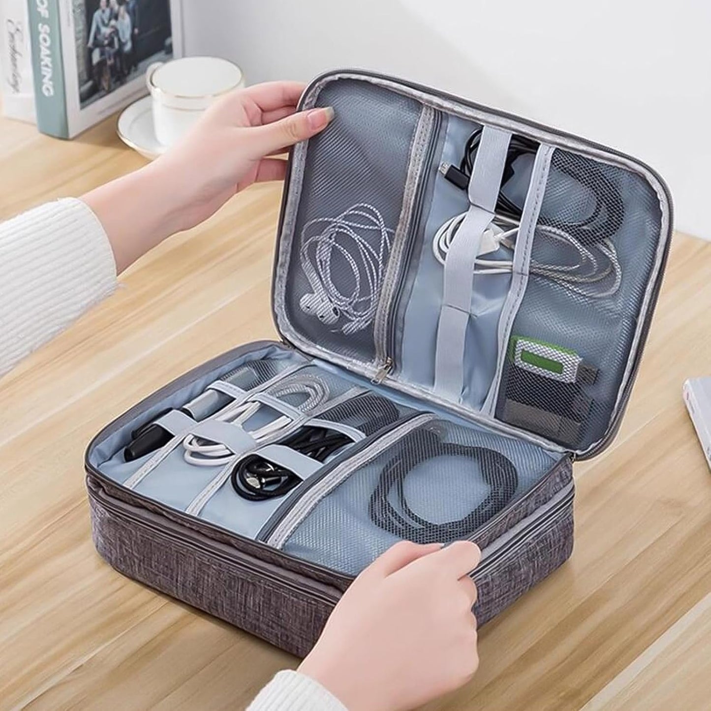 Portable Double-Layer Electronic Accessory Bag Sorting Bag - Waterproof Digital Storage Bag for Travel, Oxford Cloth Material, Large Capacity with Detachable Partition (Black + Blue)